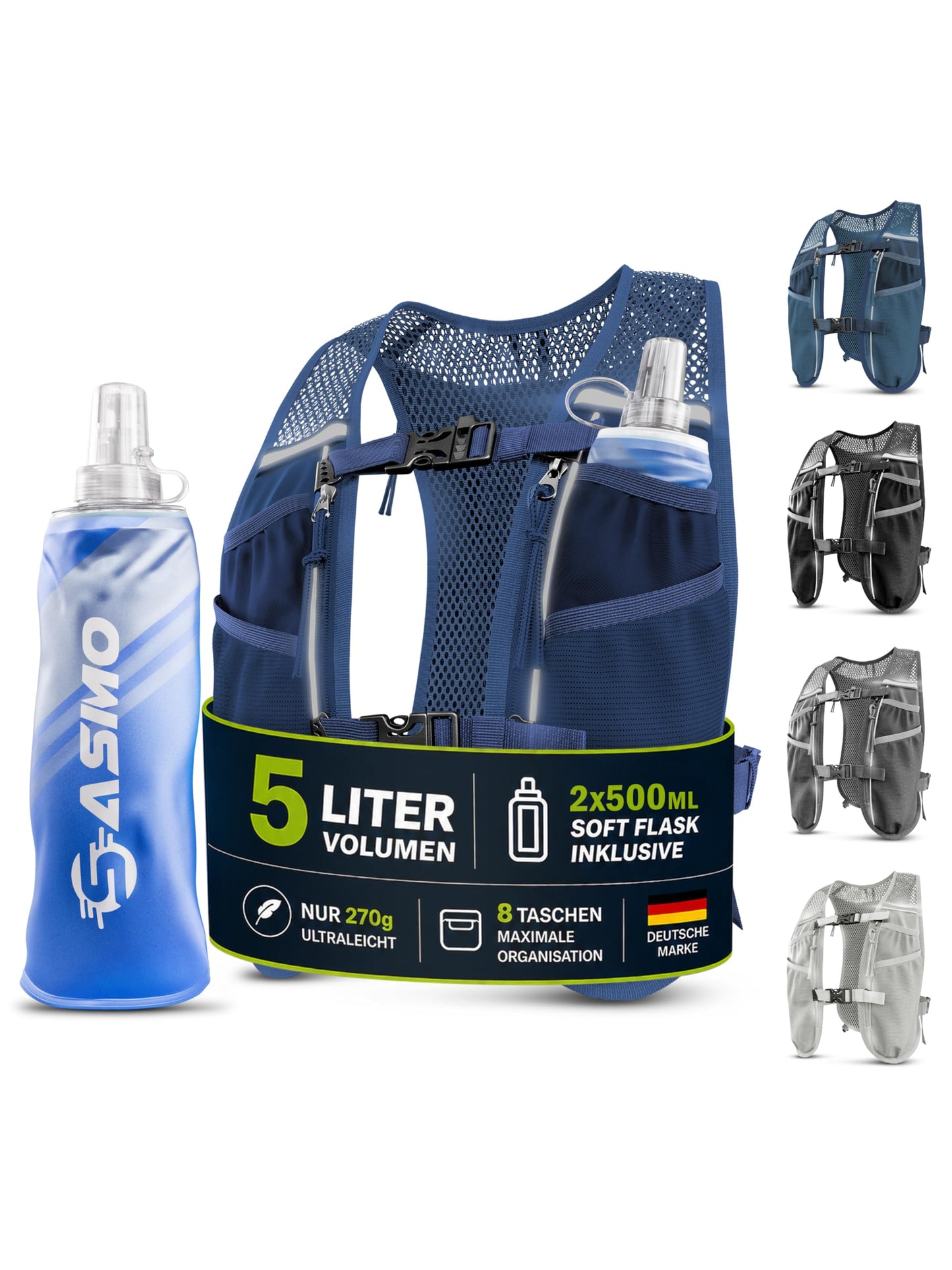 Ultraleichte Laufweste mit Trinkflaschen (5L), navyblau - mit 2x500ml 5L