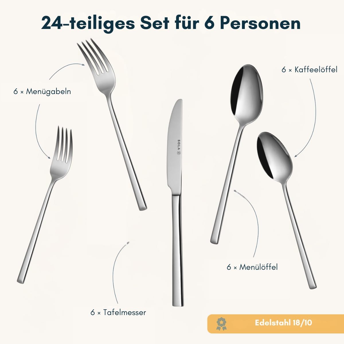 24-teiliges Luxor Besteck-Set für 6 Personen, 6 Personen - 24 Teile Silberfarben