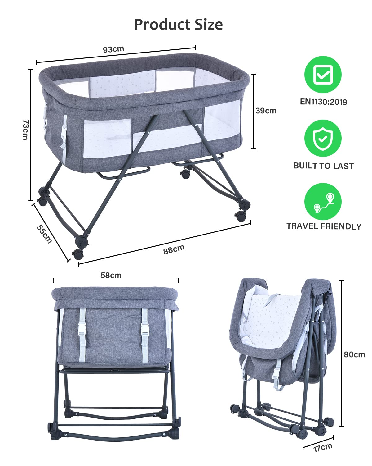 Faltbares Beistellbett Bravo Basic mit Matratze & Rädern, Grau