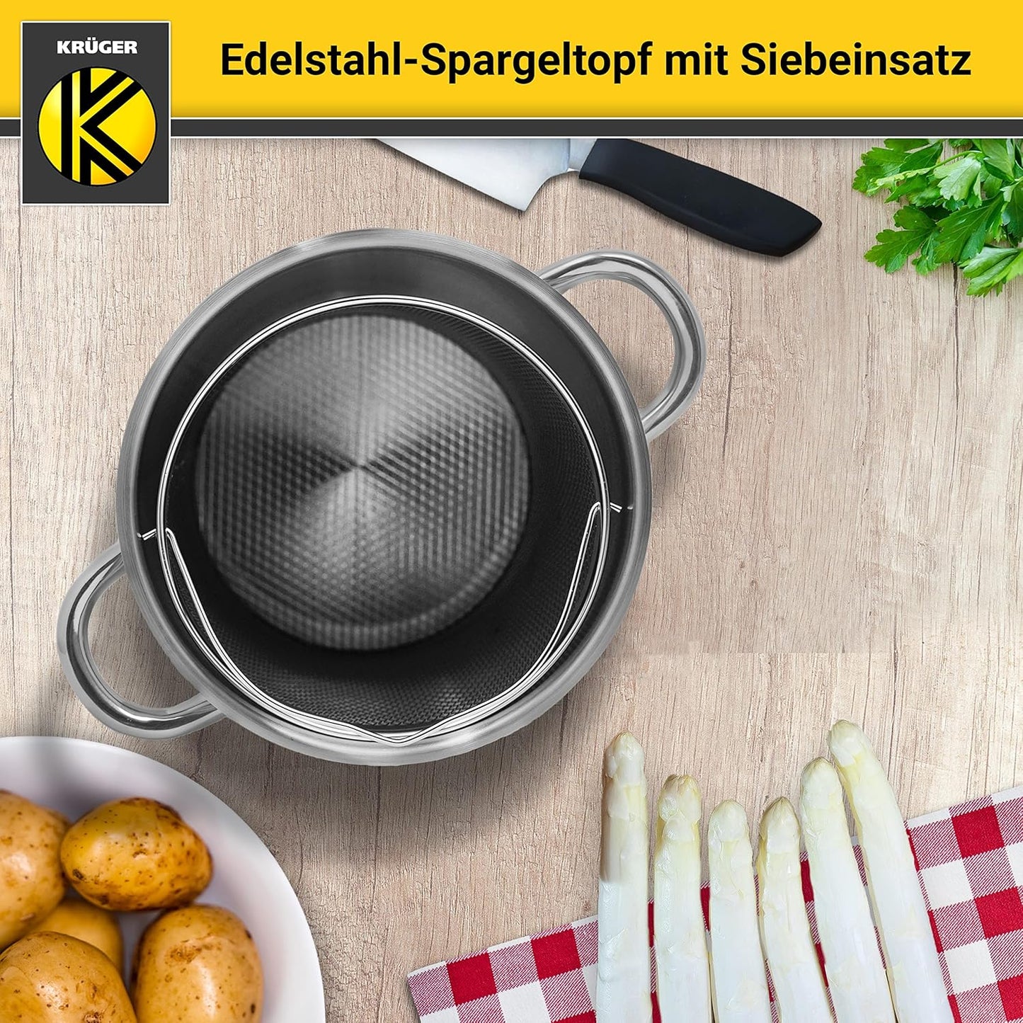 Edelstahl-Spargeltopf mit Siebeinsatz und Glasdeckel