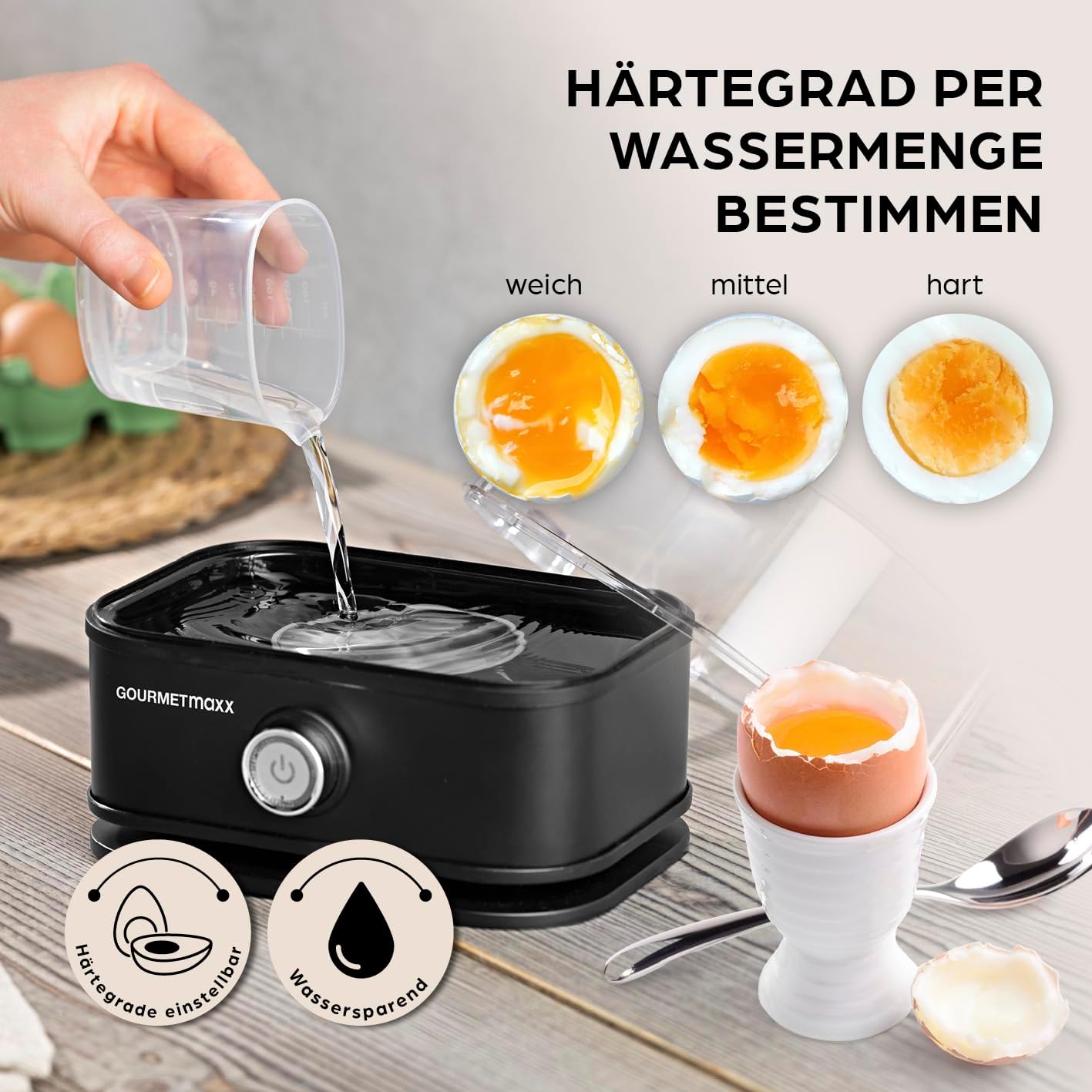 Eierkocher für 6 Eier mit Härtegradeinstellung, 6 Eier Schwarz