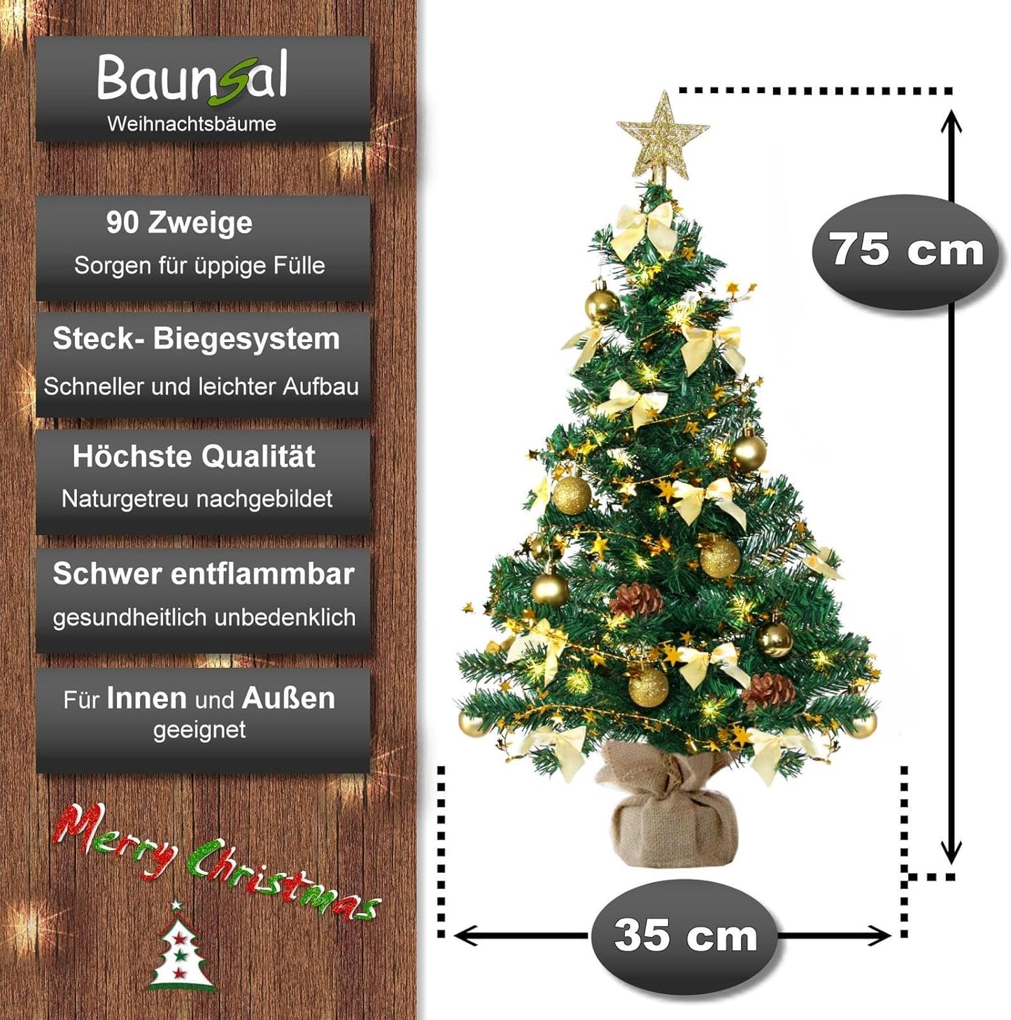 Künstlicher Weihnachtsbaum mit LED-Lichterkette, 75 cm / Grün-gold-braun+warmweiss