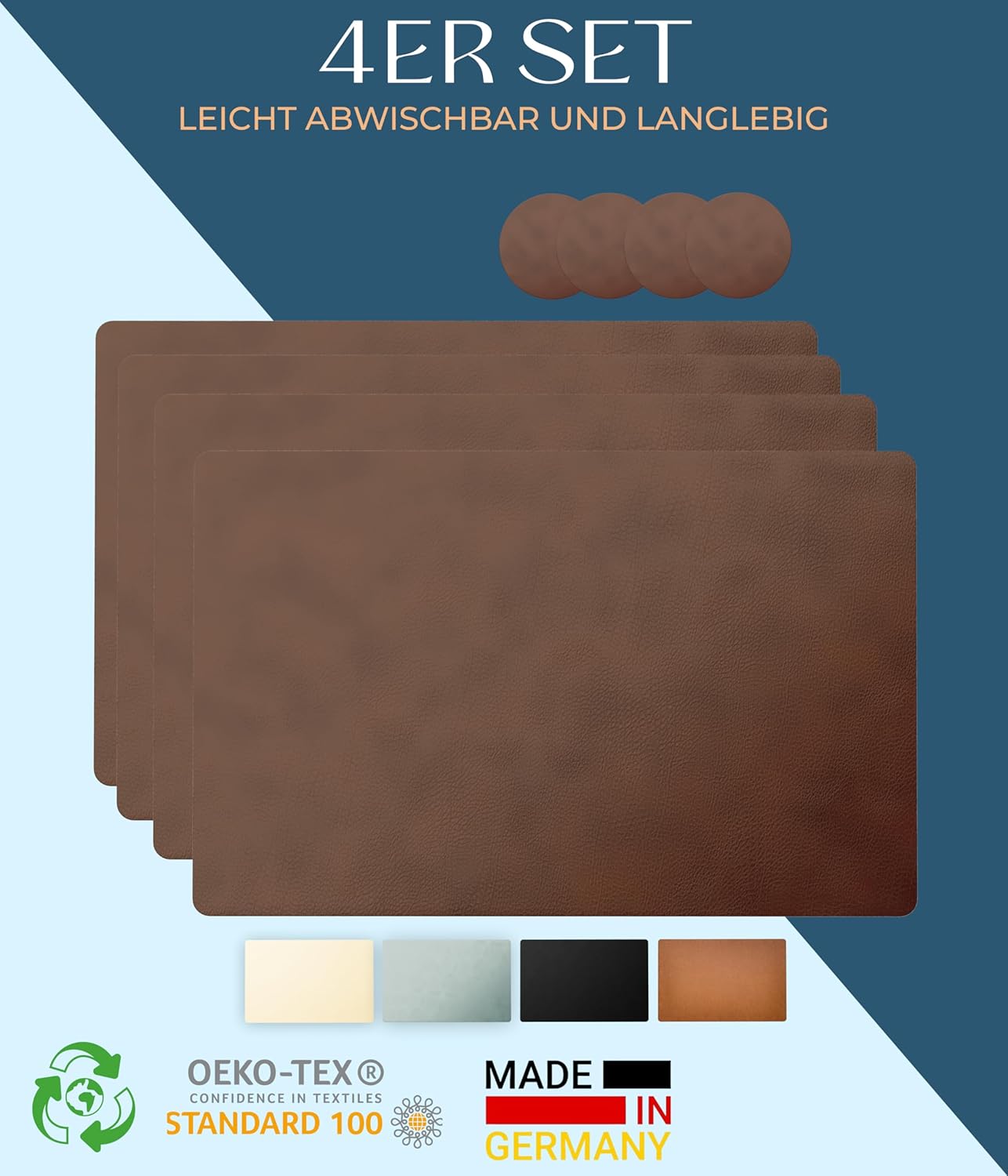 Tischsets 4er-Set aus recyceltem Leder, Dunkelbraun