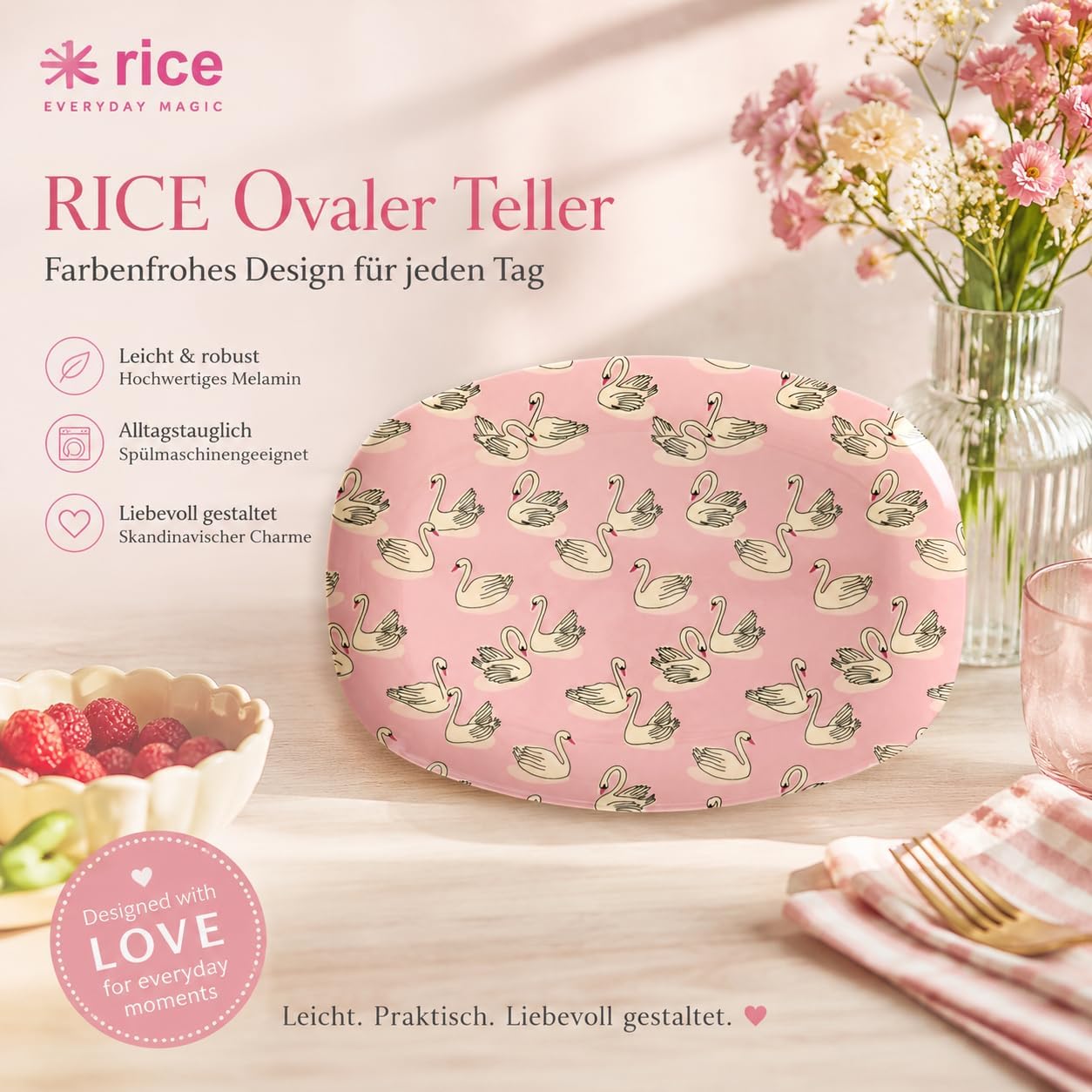 Ovaler Melaminteller mit Schwanenmotiv 30 cm, Tablett