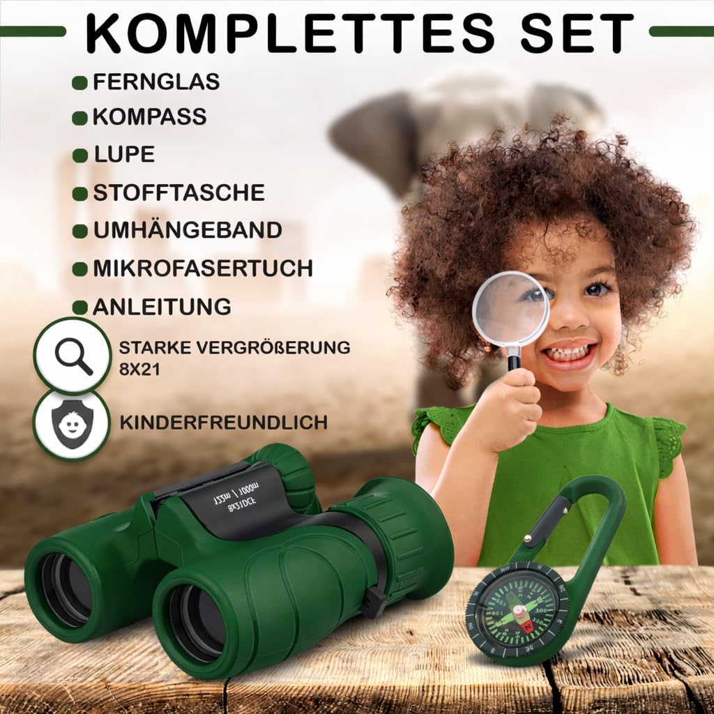Fernglas für Kinder inklusive Lupe & Kompass, dunkelgrün