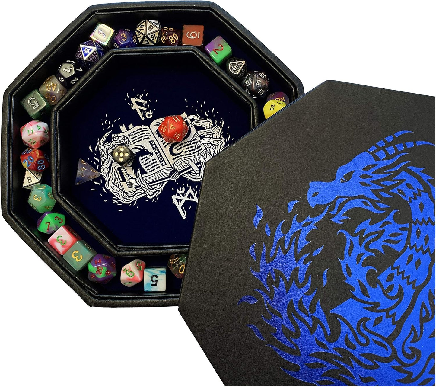 Fire Dragon Würfelschale mit Deckel und Hexenbuchmotiv, Blue Wizard