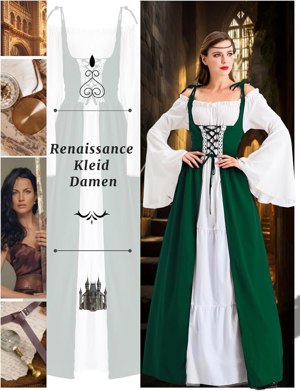 Renaissance Damenkleid mit Kapuze und Langarm, Grün XL