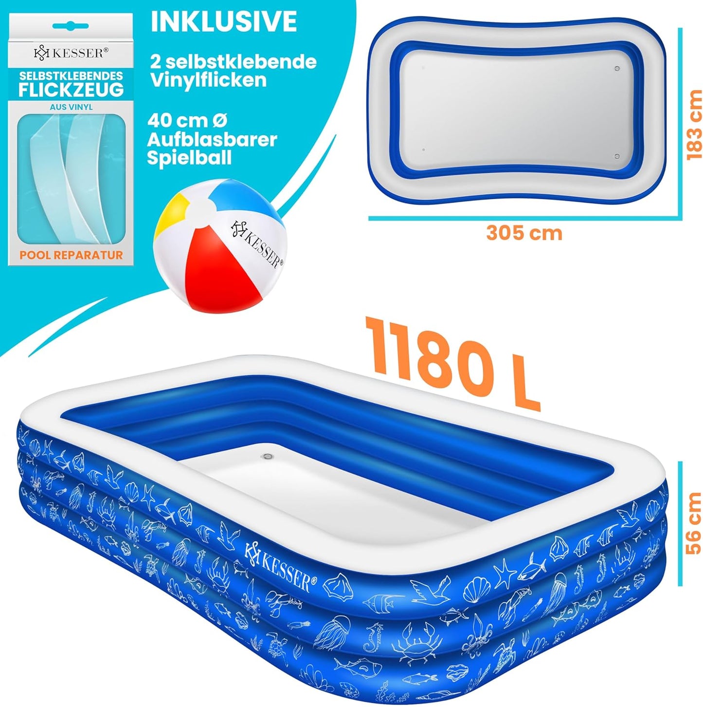 Aufblasbarer Familienpool 305x183x56 cm, Blau 3 Meter