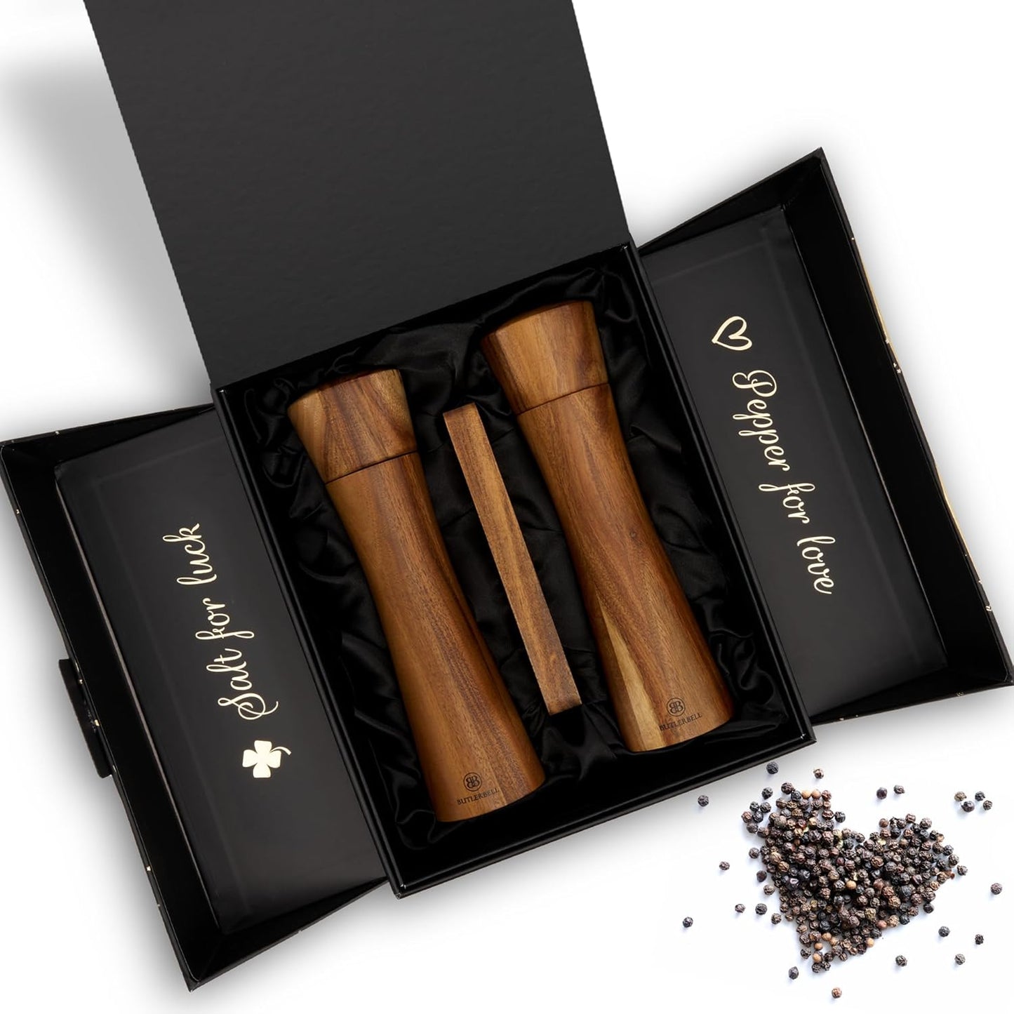 Salz- und Pfeffermühlen-Set mit Untersetzer, Salt And Pepper Mill - English