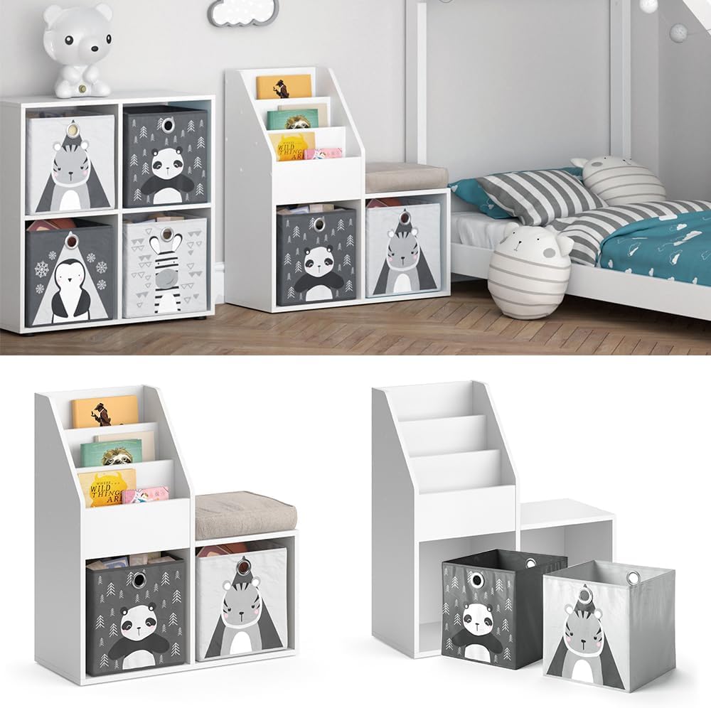 Kinderregal mit Faltboxen (Bücher & Spielzeug), Weiß mit Faltboxen Panda/Tiger