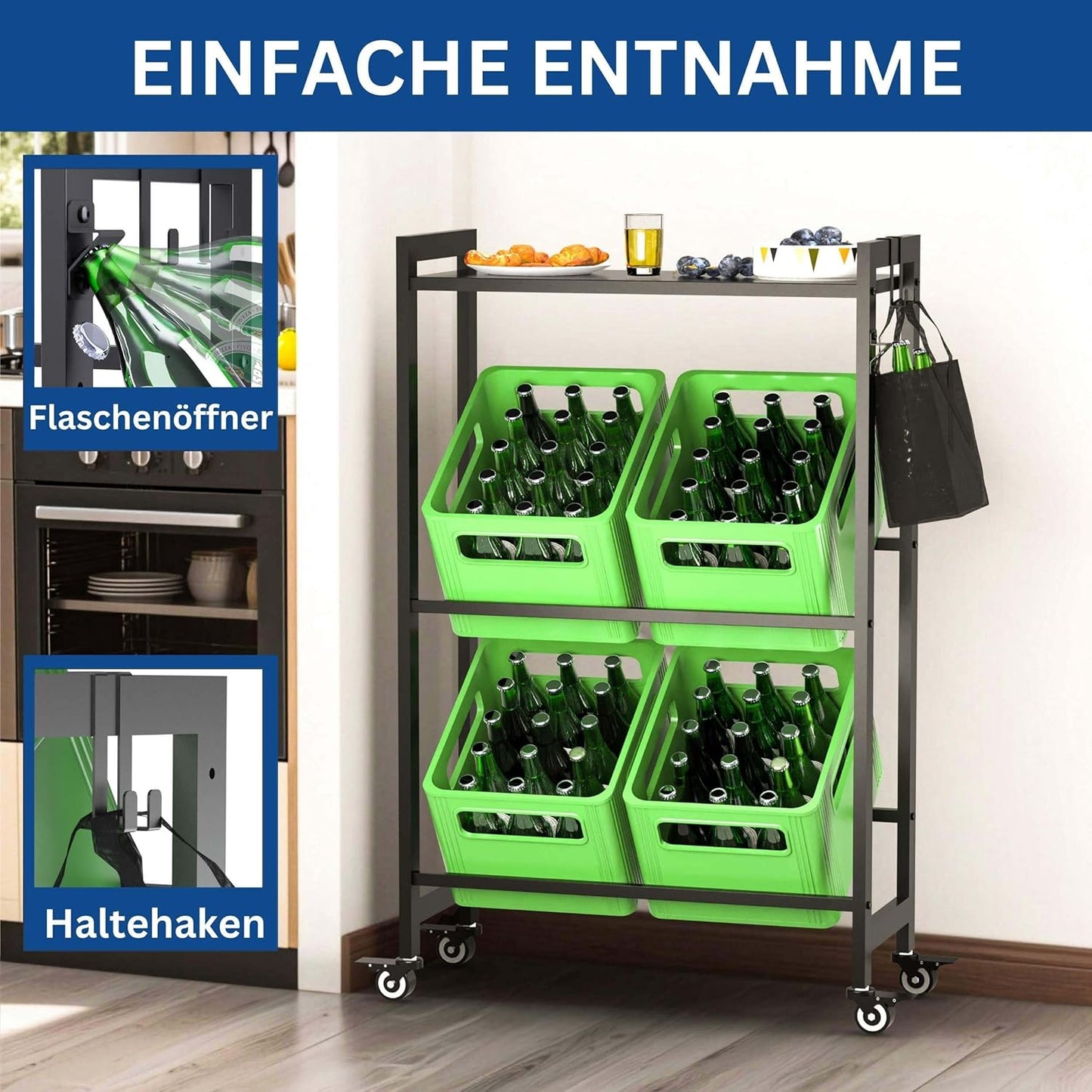 Getränkekistenregal mit Ablage und Rollen