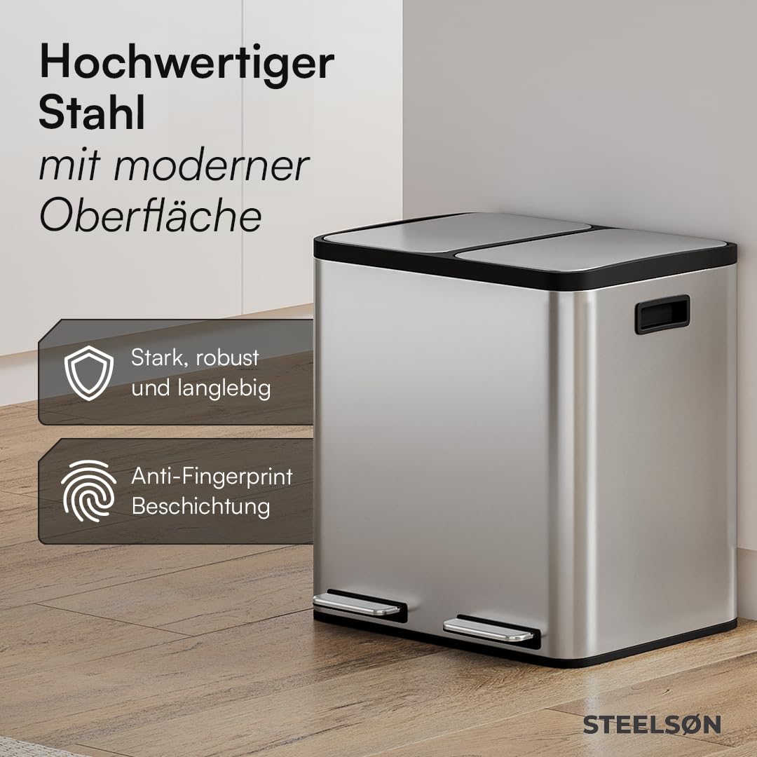 Epsilon Mülleimer 2-Fach-System mit Soft-Close, 2x15 L Silber