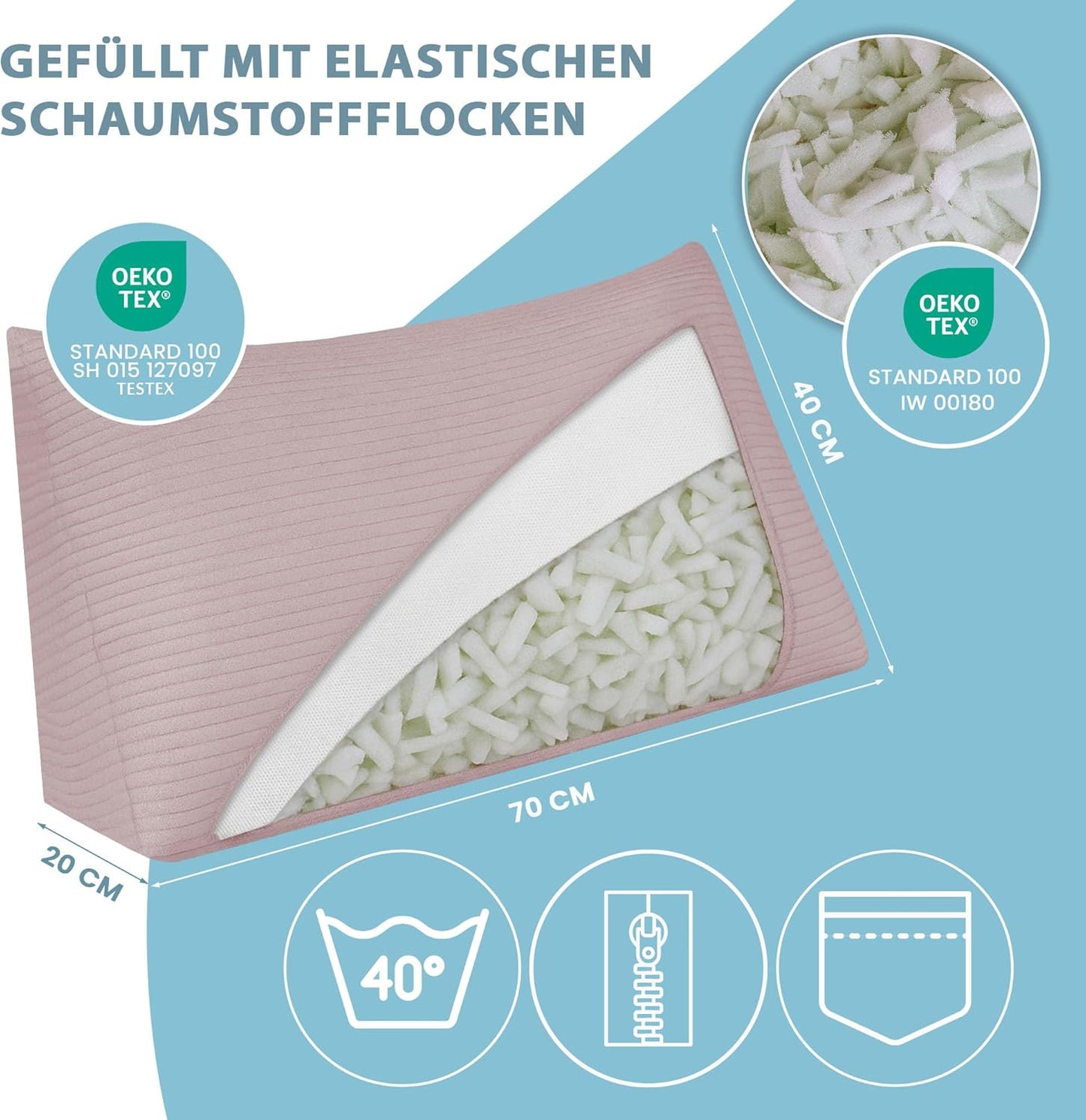 Rückenkissen, Helles Rosa 70×40×20 cm