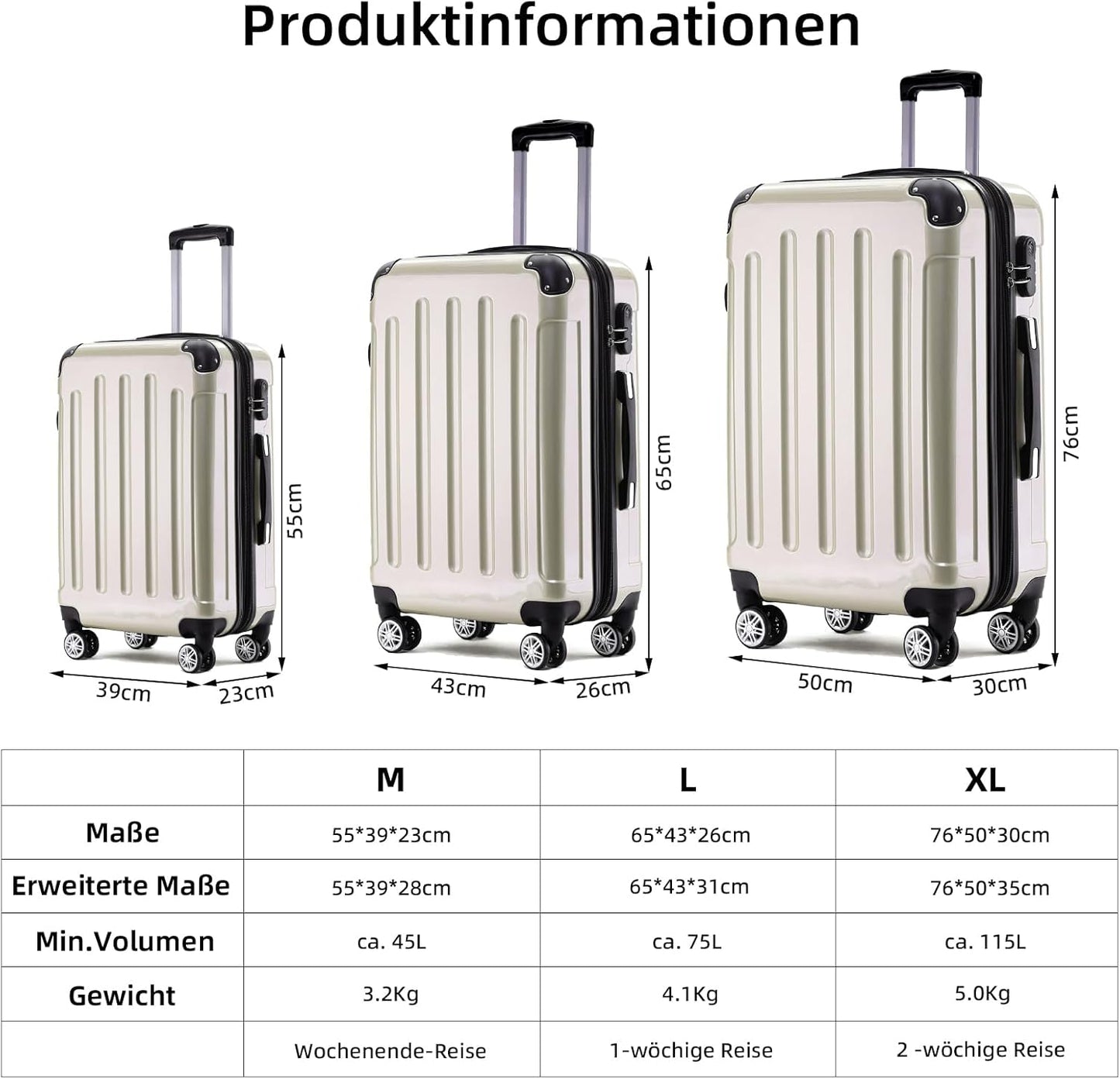 Handgepäck Hartschalenkoffer, Champagner Handgepäck 55cm-40L