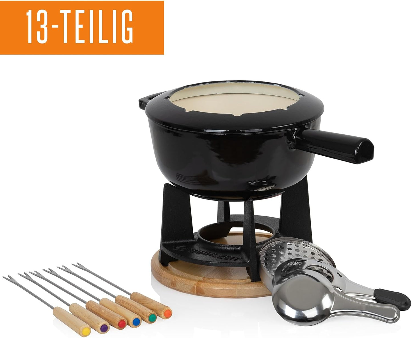 Fondue Set für 6 Personen, Schwarz / Creme Emailliert