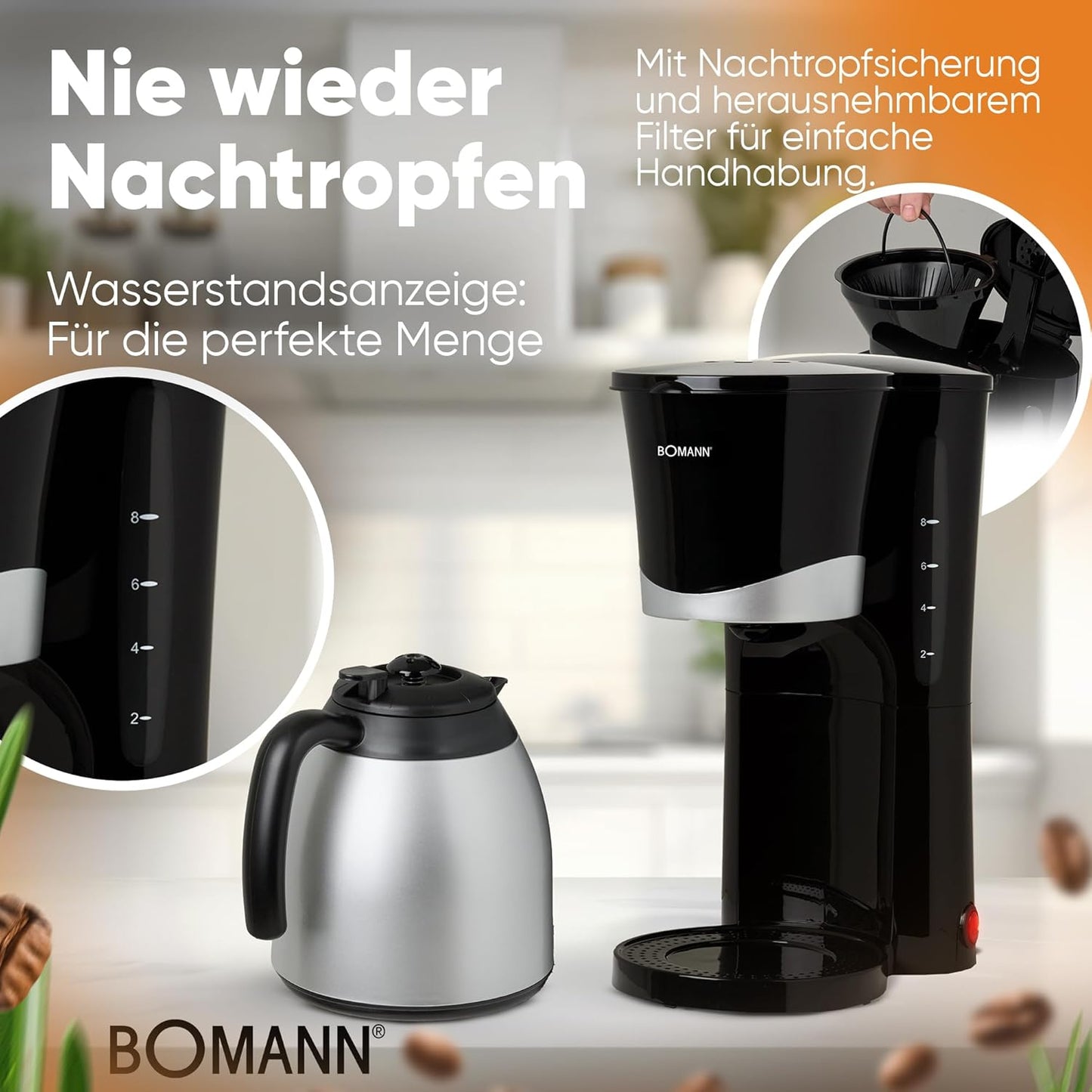 Filterkaffeemaschine mit Thermoskanne, Schwarz