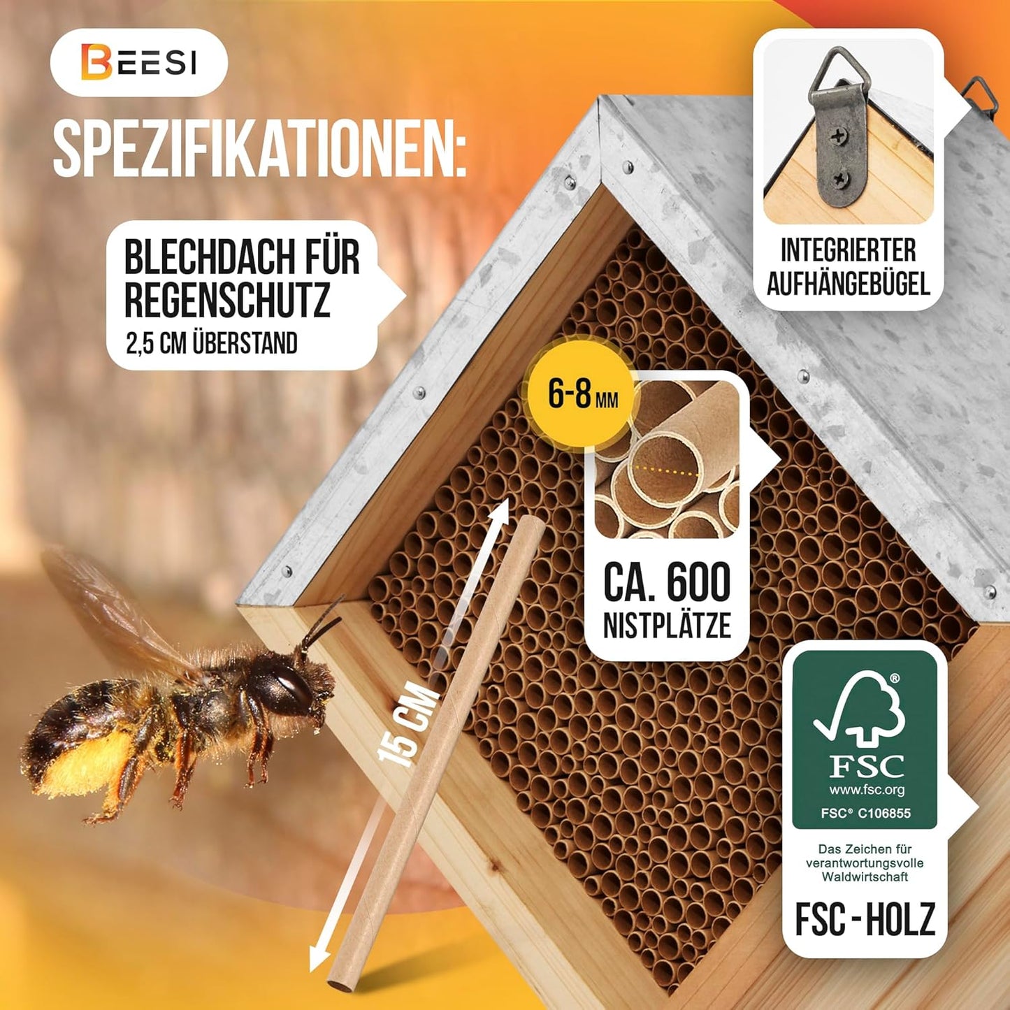 Bienenhotel mit Metalldach, Pappe - für grössere Bienen