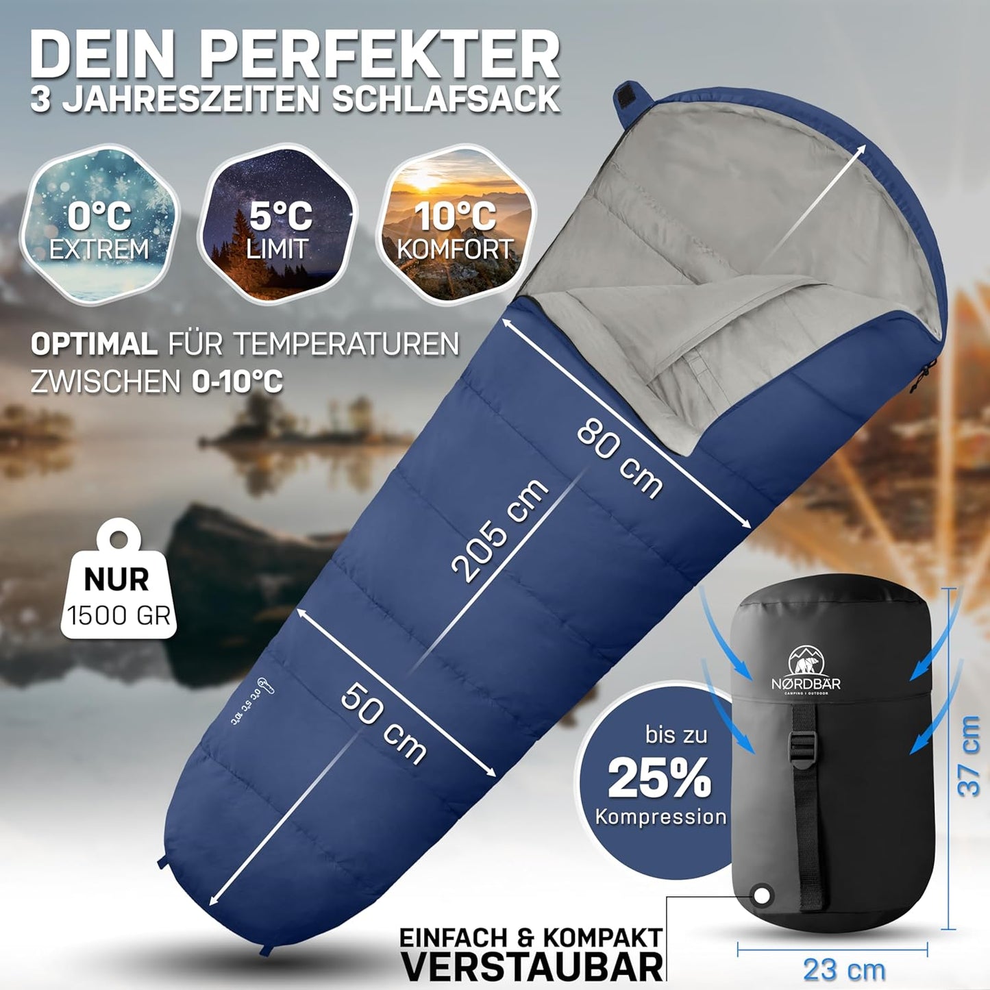 Mumienschlafsack für 3 Jahreszeiten, Blau 3 Jahreszeiten - 1500g