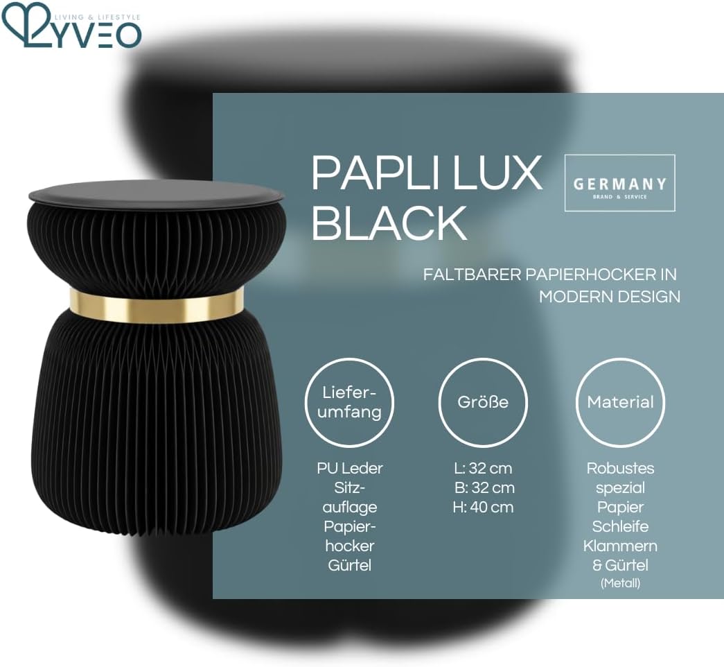Papierhocker Papli Lux mit 180 Lamellen, Schwarz mit Goldenem Band