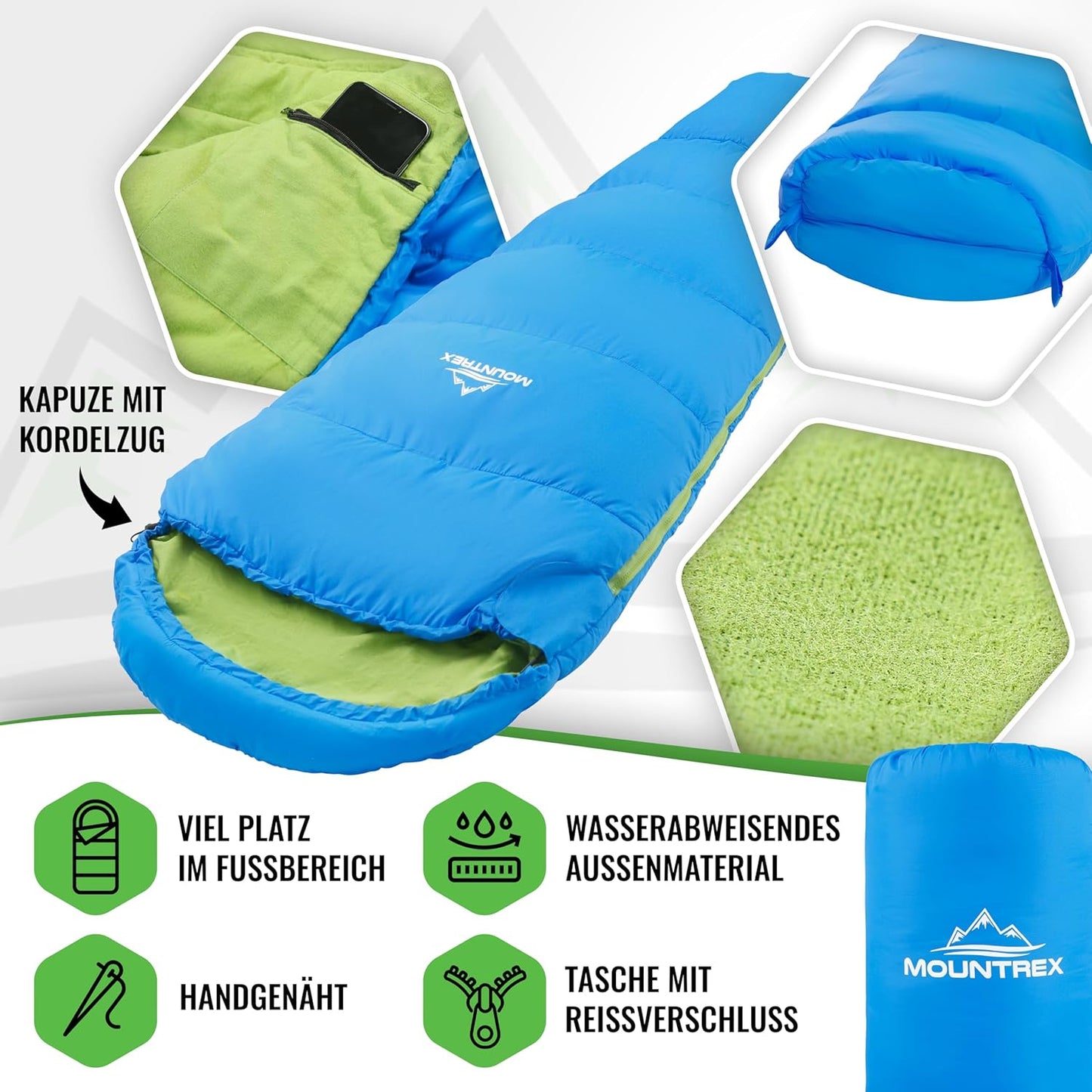 Kinderschlafsack mit Baumwollfutter, Blau/Grün 175 x 70 x 45cm