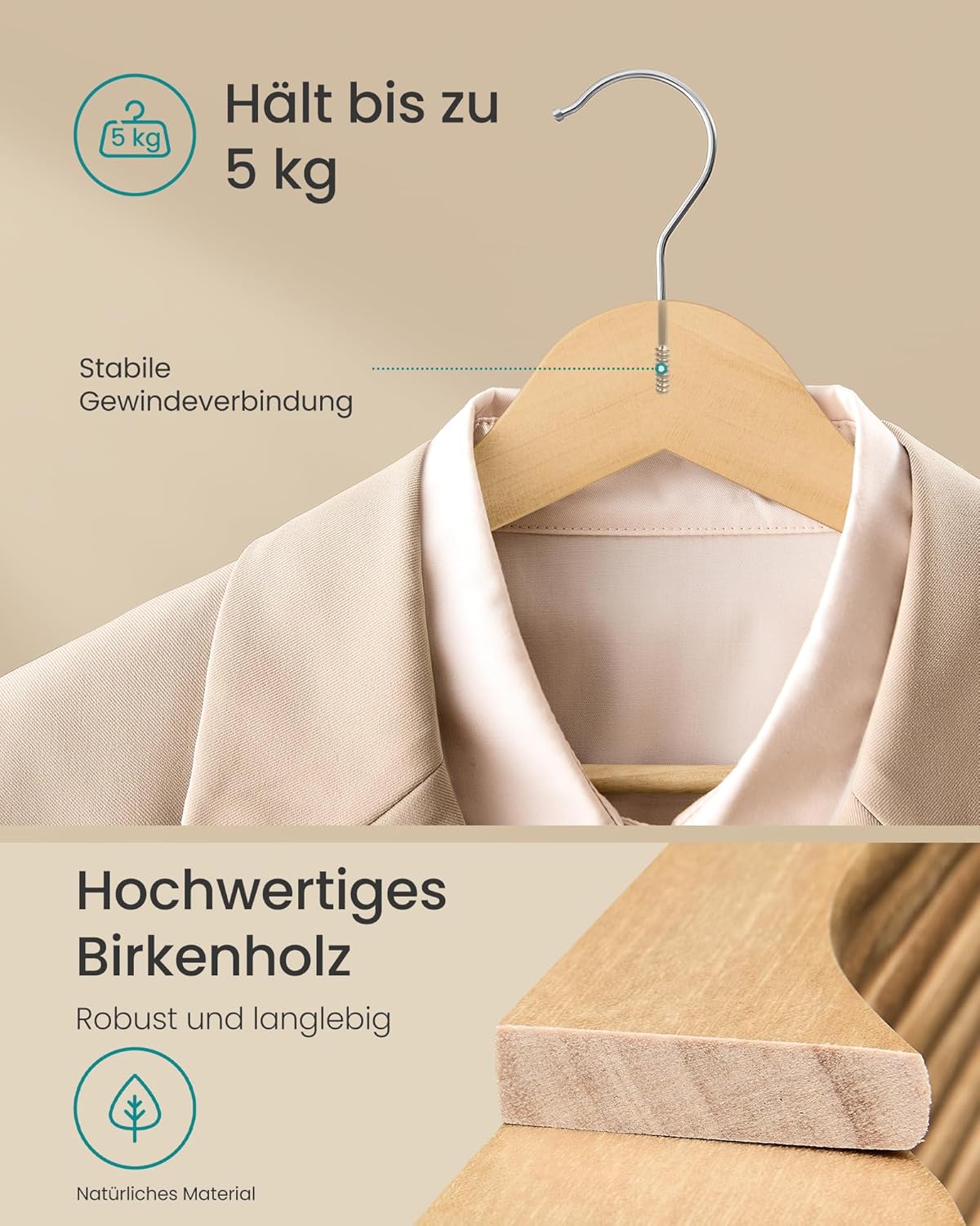 30er-Set Holzbügel, Naturfarben 30