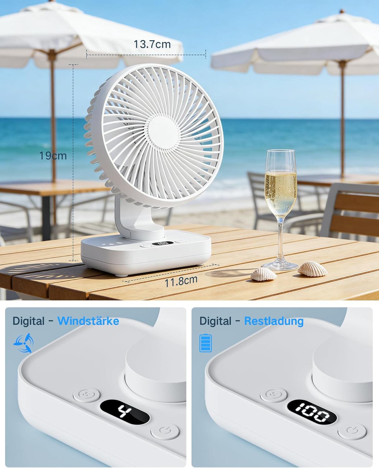 Oszillierender Tischventilator mit Akku und LED Display, Weiss
