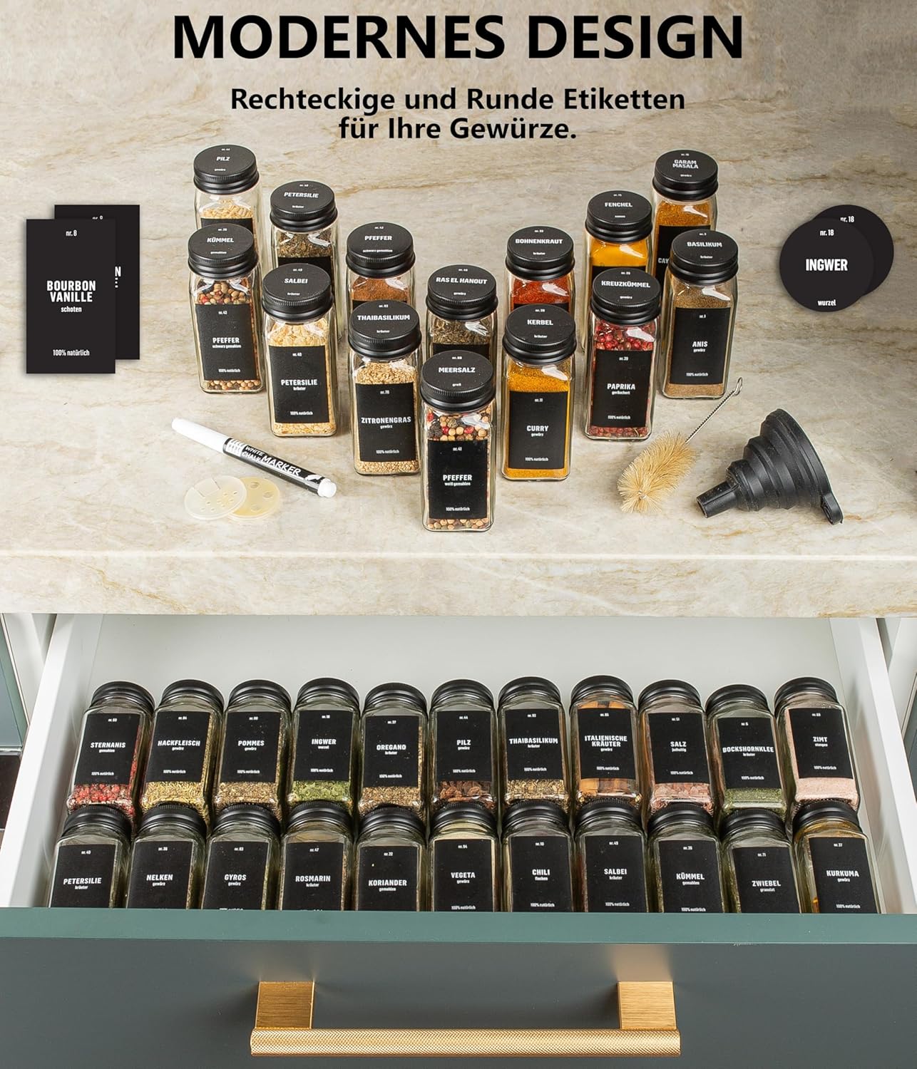 36-teiliges Gewürzgläser Set, 36er Set - Schwarz deckel