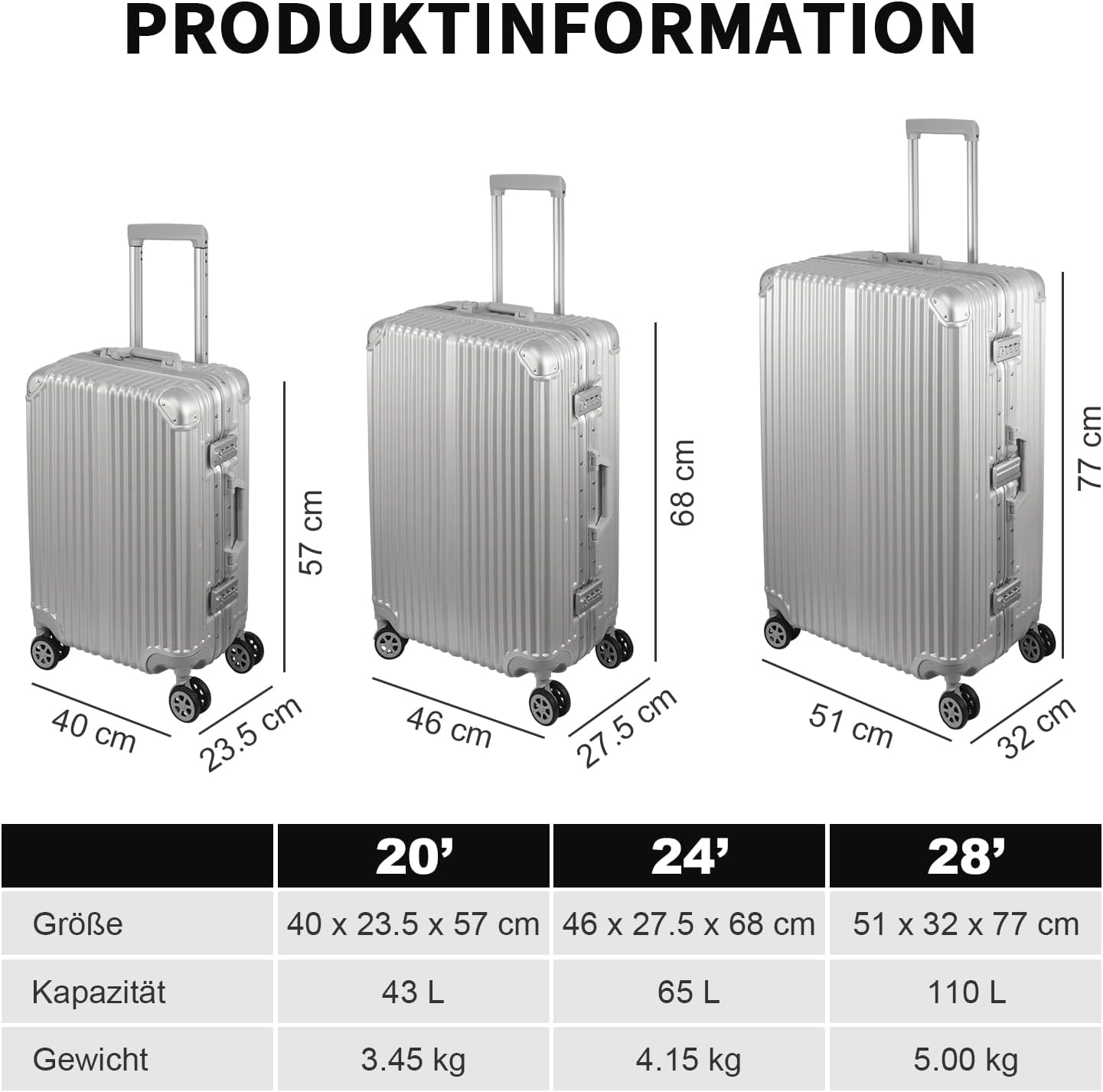 3-teiliges Hartschalen-Kofferset, Silber