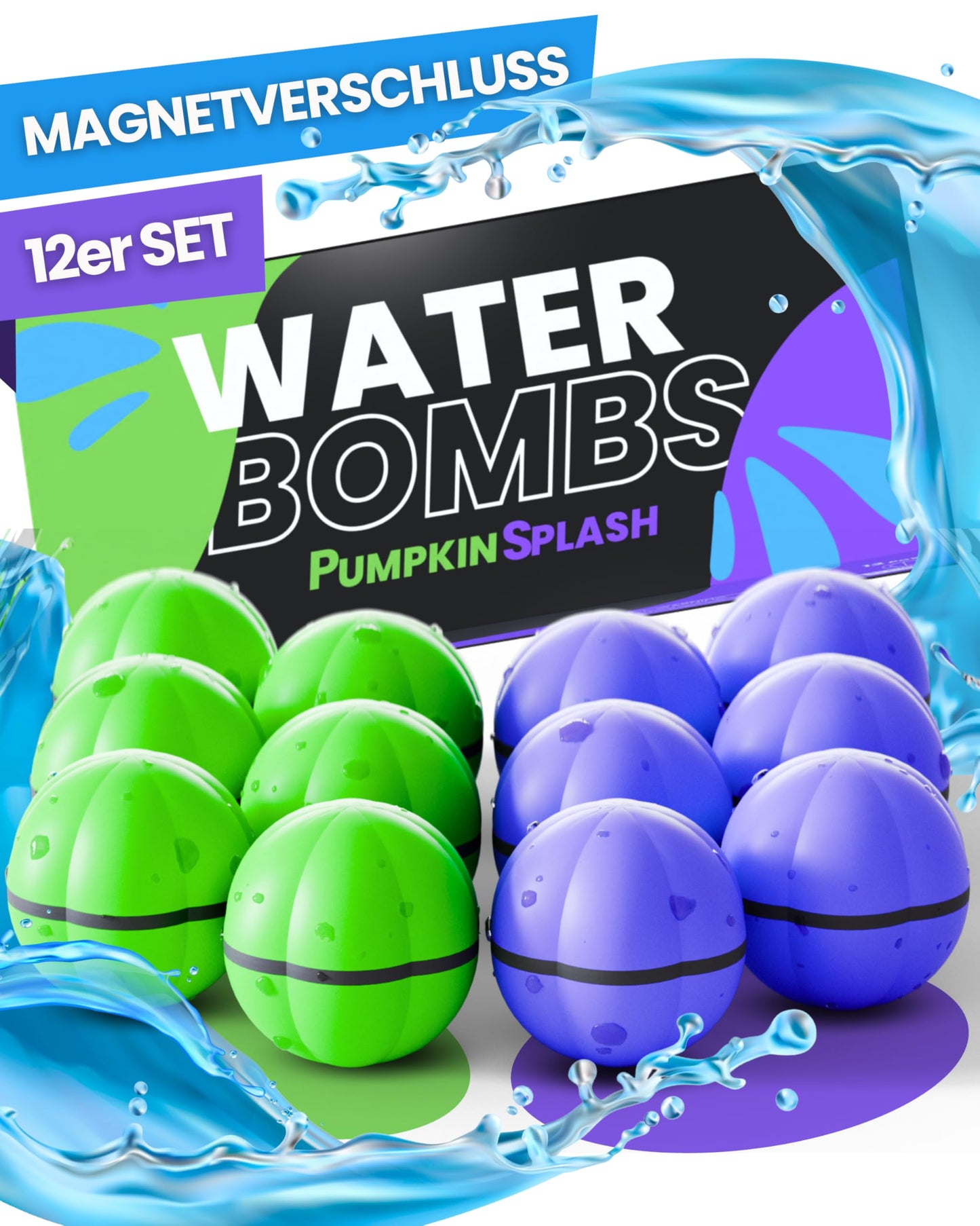 Wiederverwendbare magnetische Wasserbomben (12 Stück), Grün + Lila