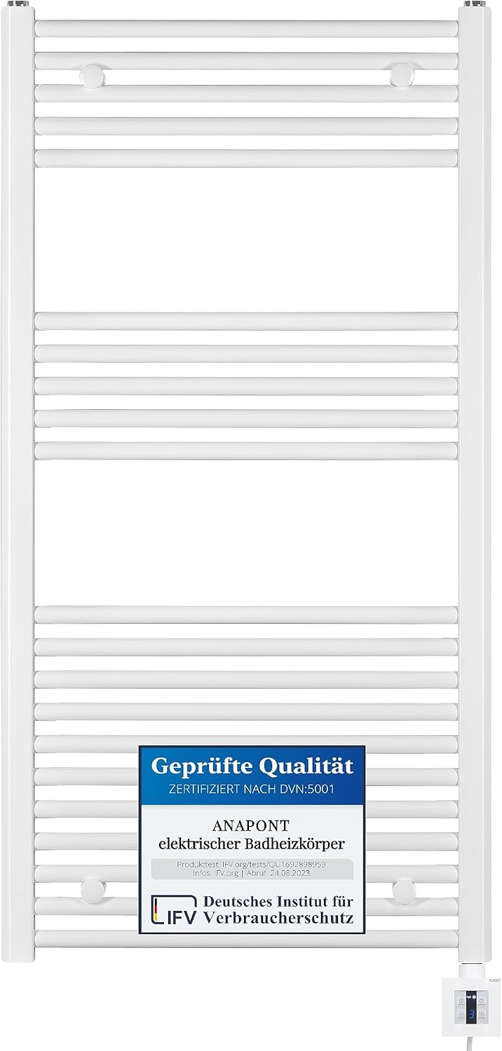 Elektrischer Handtuchheizkörper mit Timer-Funktion, weiss/gerade 1175h x 500b