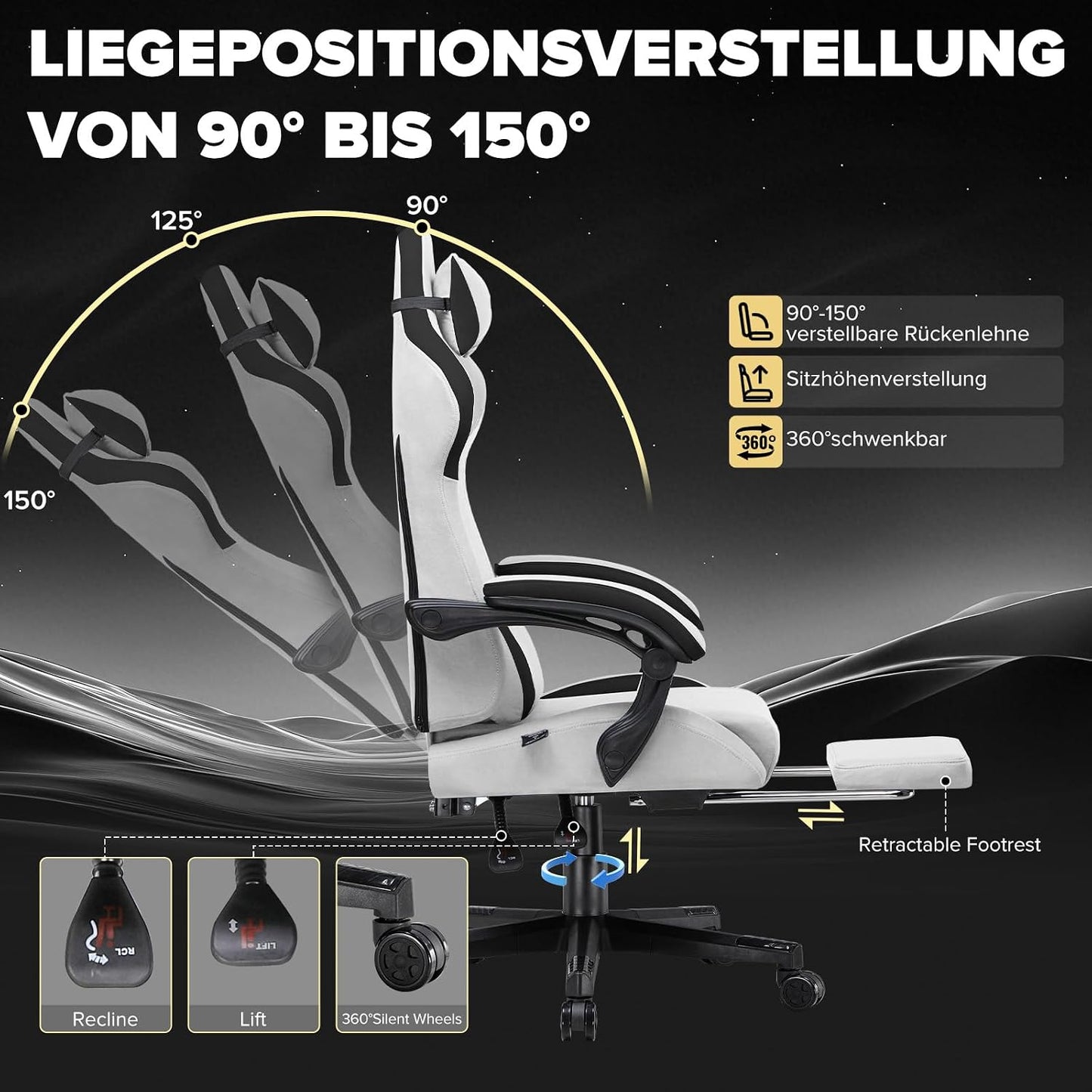 Ergonomischer Gaming-Stuhl, Grau High-Tech-Stoff