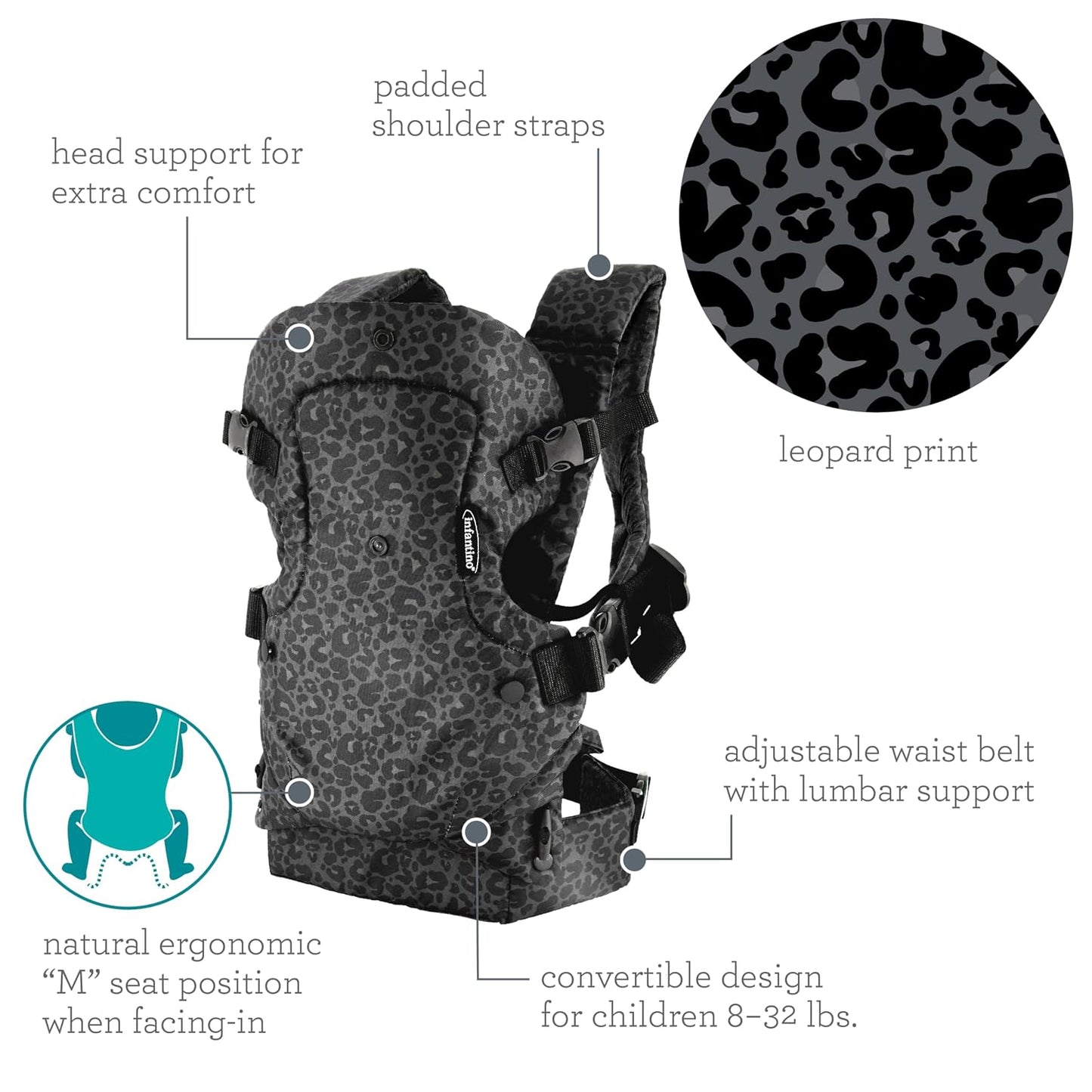 Ergonomische 4-in-1 Babytrage, Grey Leopard