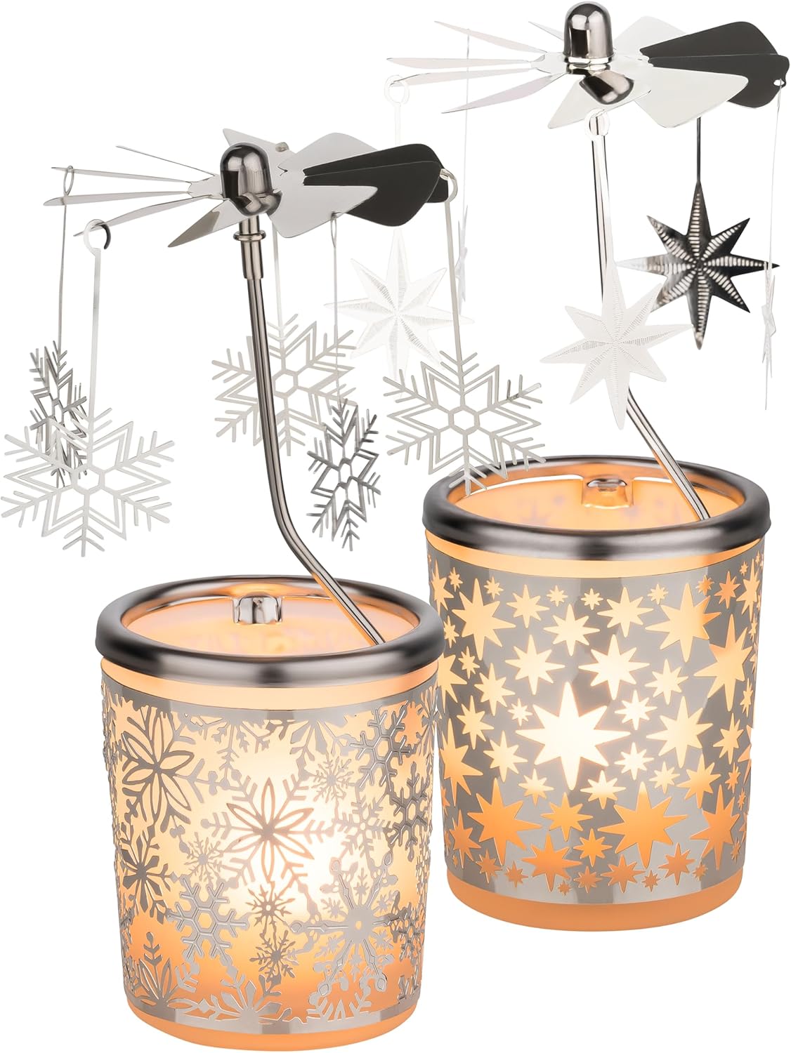 2er-Set Windlicht-Karussell mit Schneeflocke & Sterne, Set Schneeflocke /Sterne
