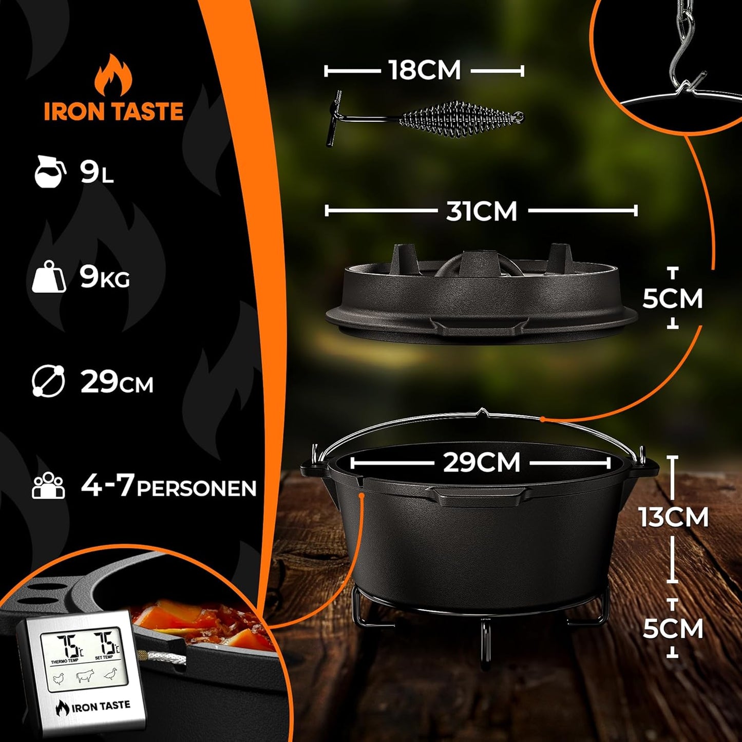 Dutch Oven Set mit Deckelheber & Untersetzer, ohne Füssen / 9 Liter