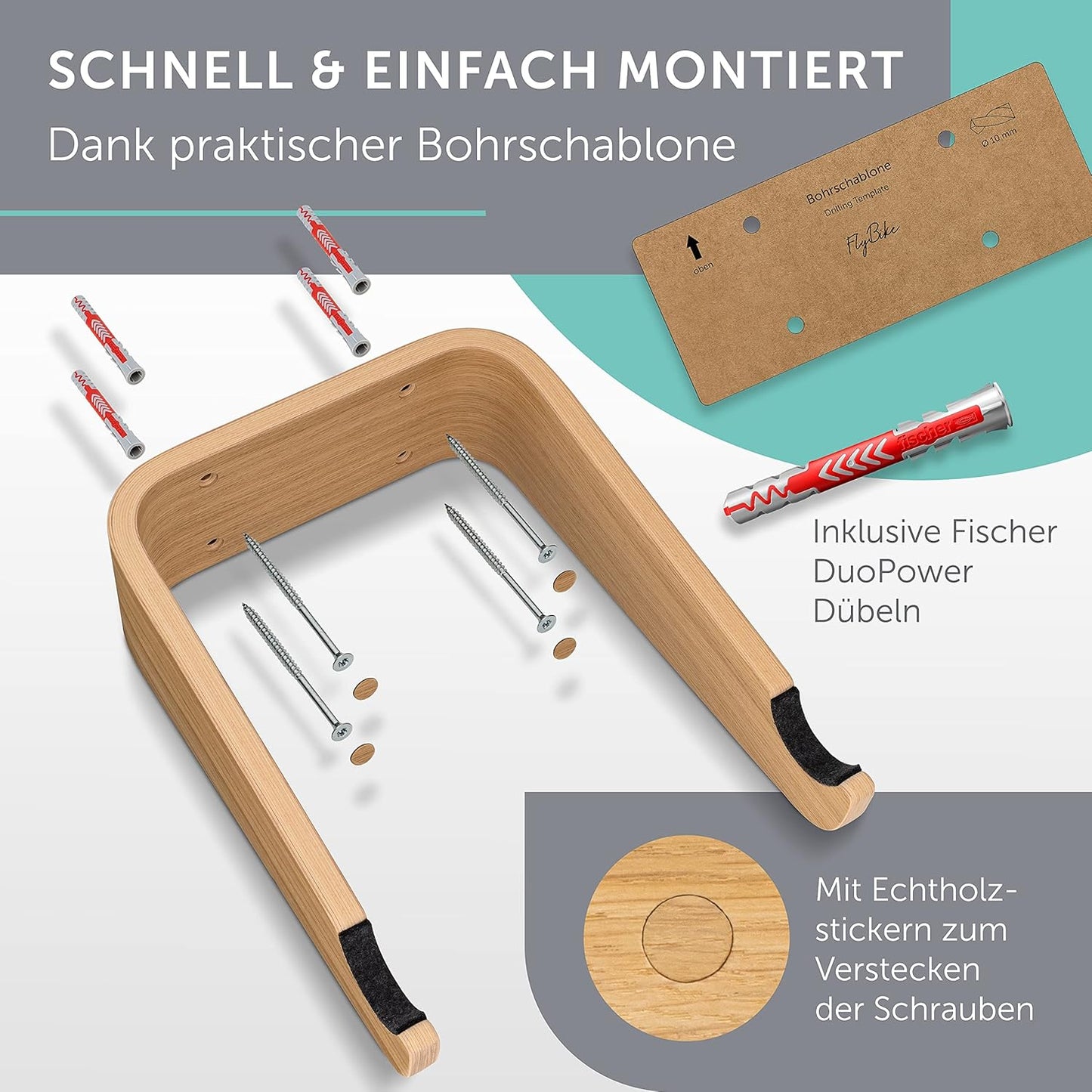 Velo Wandhalterung aus Holz, M (bis 62cm Lenkerbreite) Eiche | Ozeanblau