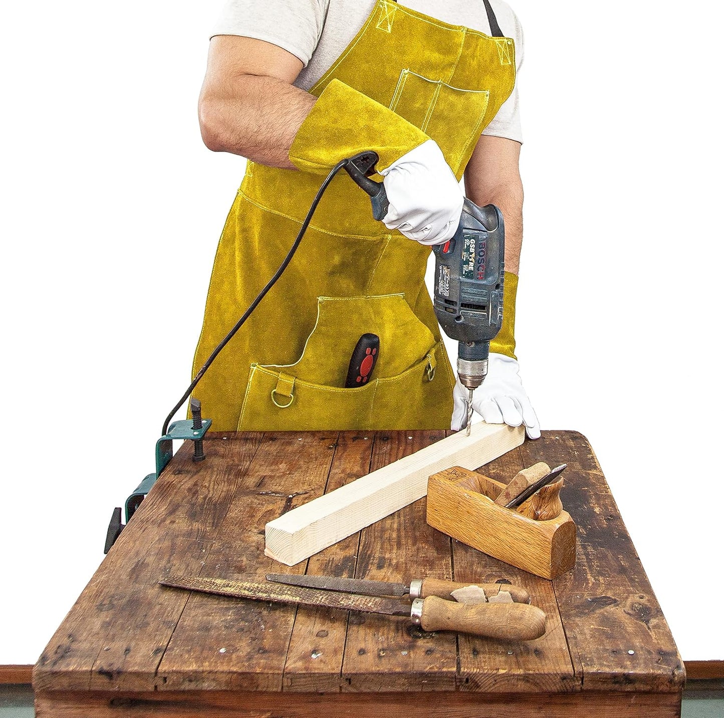 Lederschürze für Schweisser mit Werkzeugtaschen, Gelb