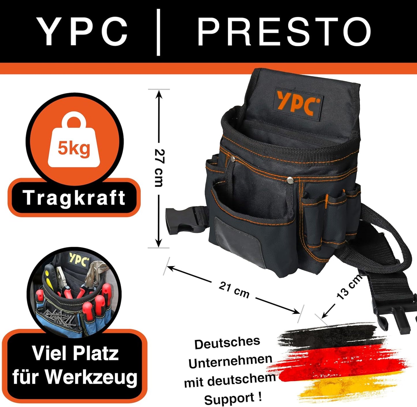 Presto Werkzeug-Gürteltasche mit 12 Taschen, Schwarz-orange