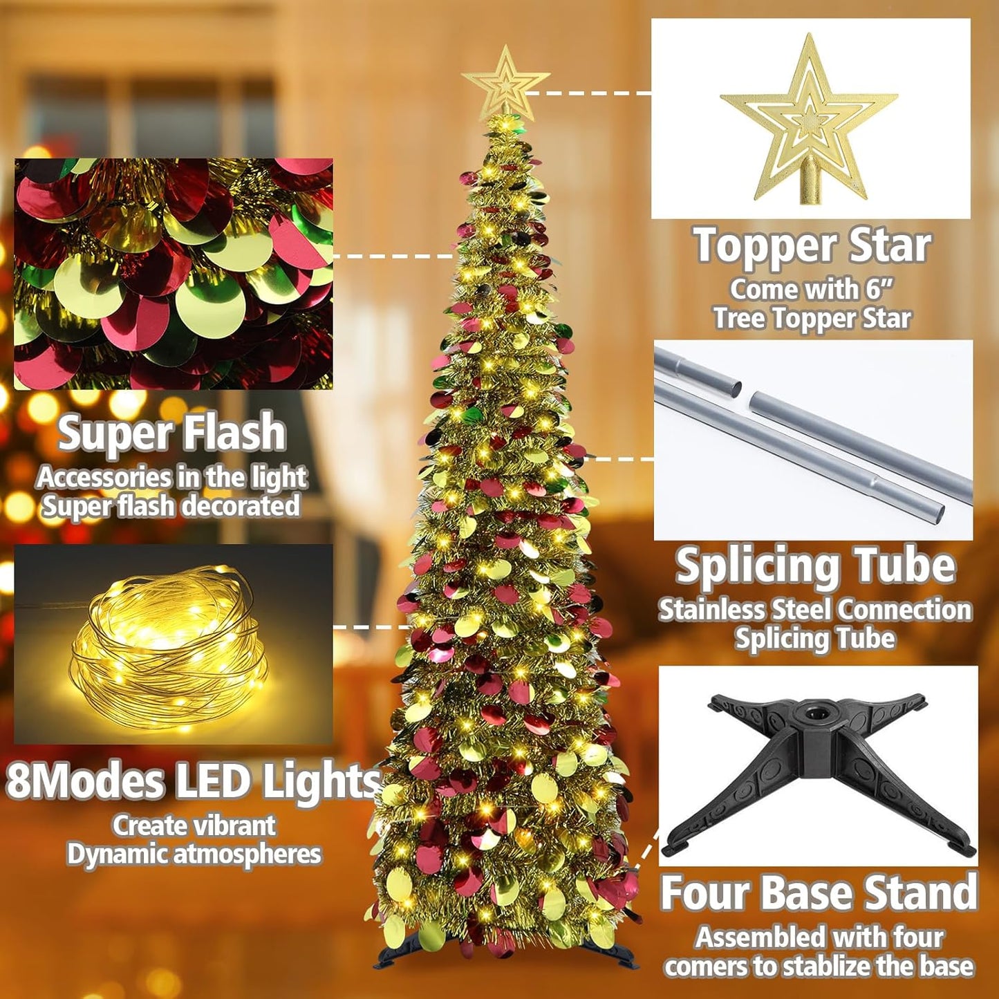 Pop-Up Lametta Weihnachtsbaum, 152.4 cm Buntes Gold