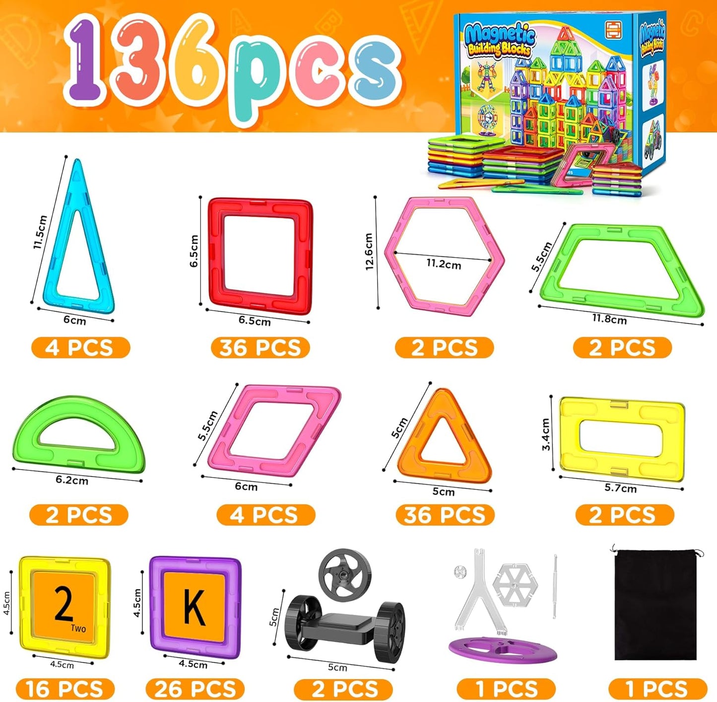 Magnetische Bausteine-Set mit 136 Teilen, Mehreren Farben-136pcs