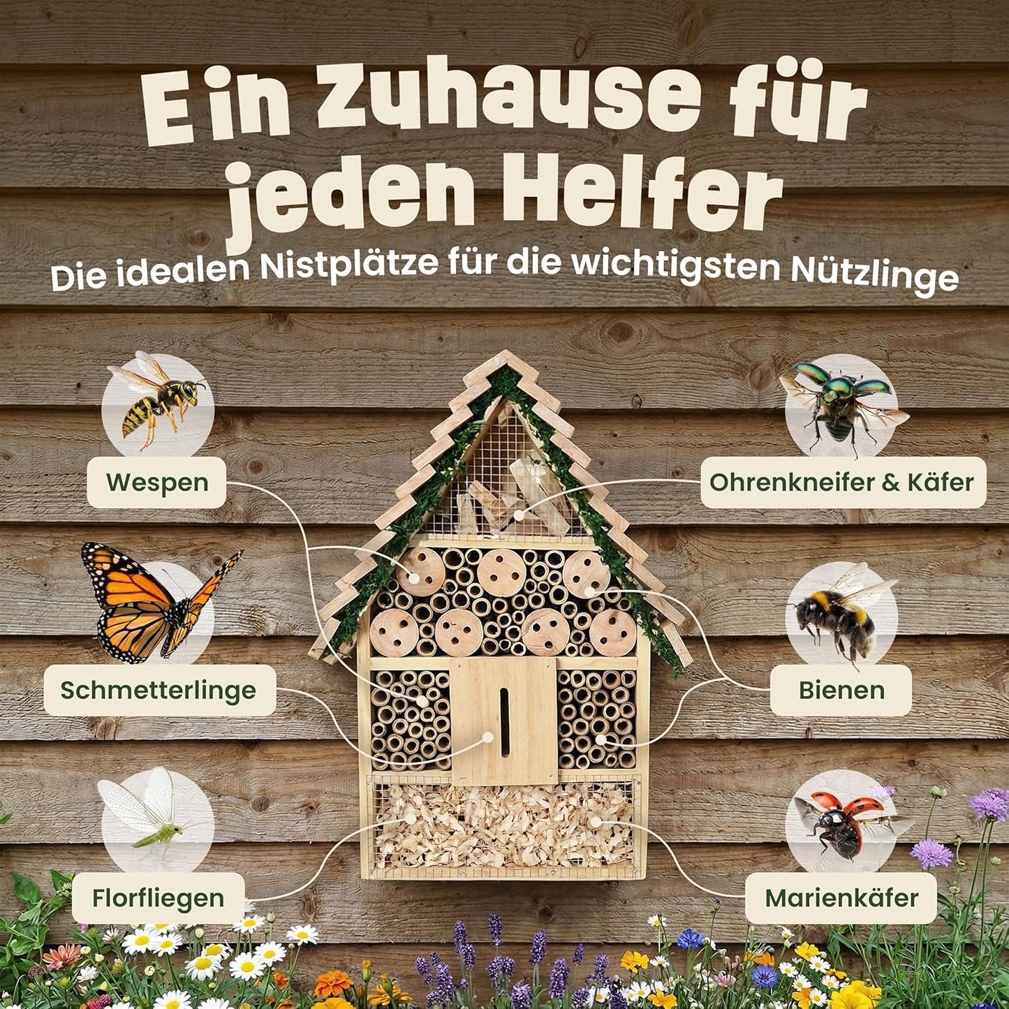 Insektenhotel XXL mit Bambus Nisthilfe (40,5 cm), XXL Insektenhotel – Stufendach (40,5 cm)