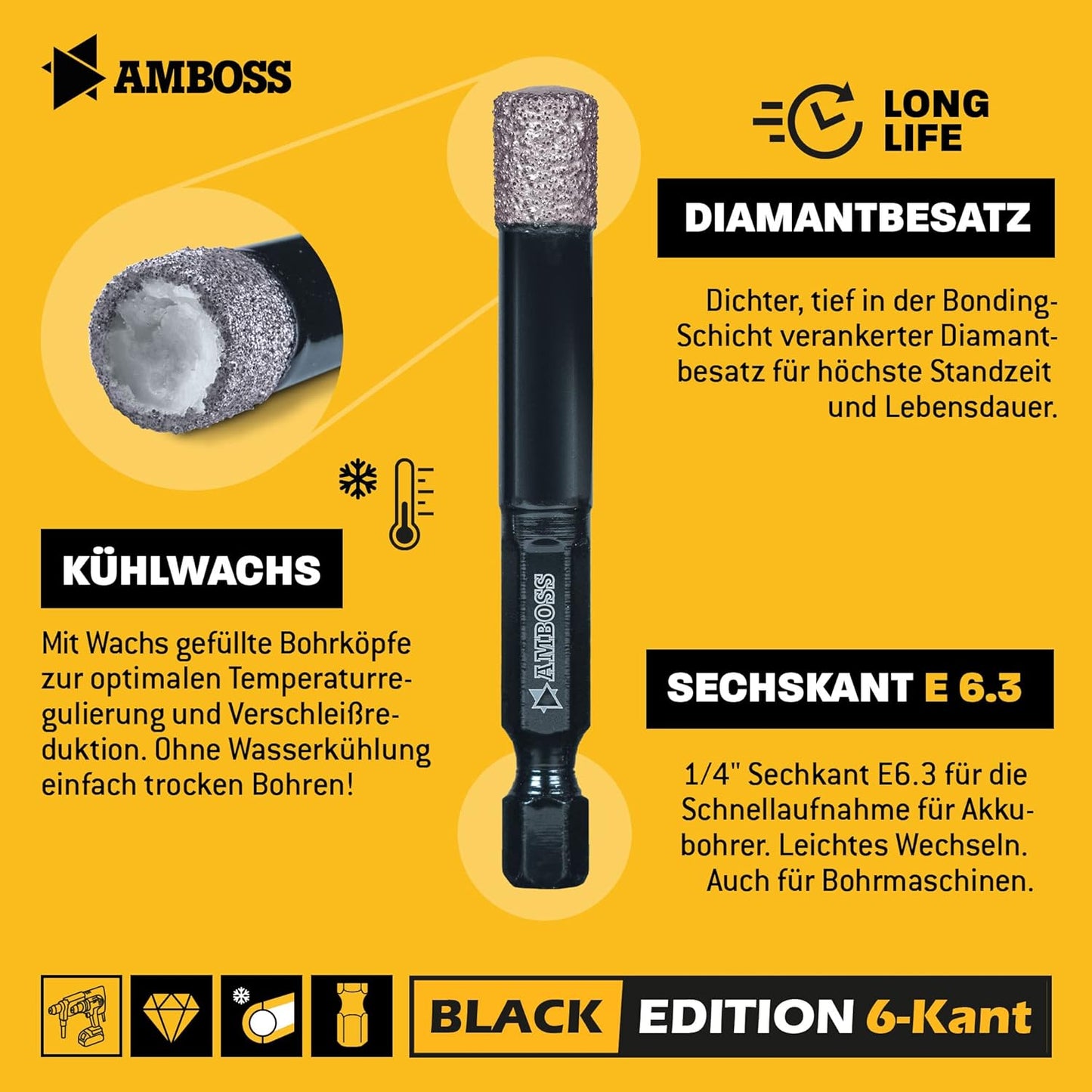 5-teiliges Fliesenbohrerset  -  Black Edition, Set Ø 5-12 mm (5tlg.) / für Akkuschrauber, Bohrmaschine
