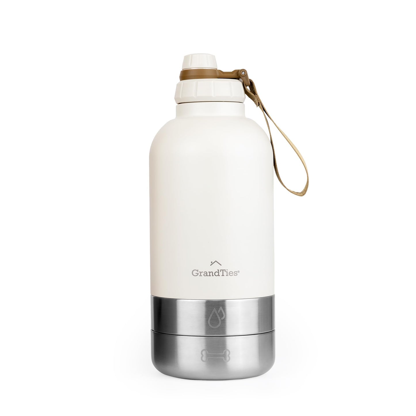 Isolierte Hundewasserflasche mit 2 abnehmbaren Hundenäpfen, Ivory White Large 64oz/1890mL
