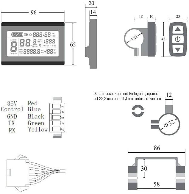 LCD-Bordcomputer für E-Bikes (24V/36V/48V), Waterproof - 5-Pin Julet Stecker