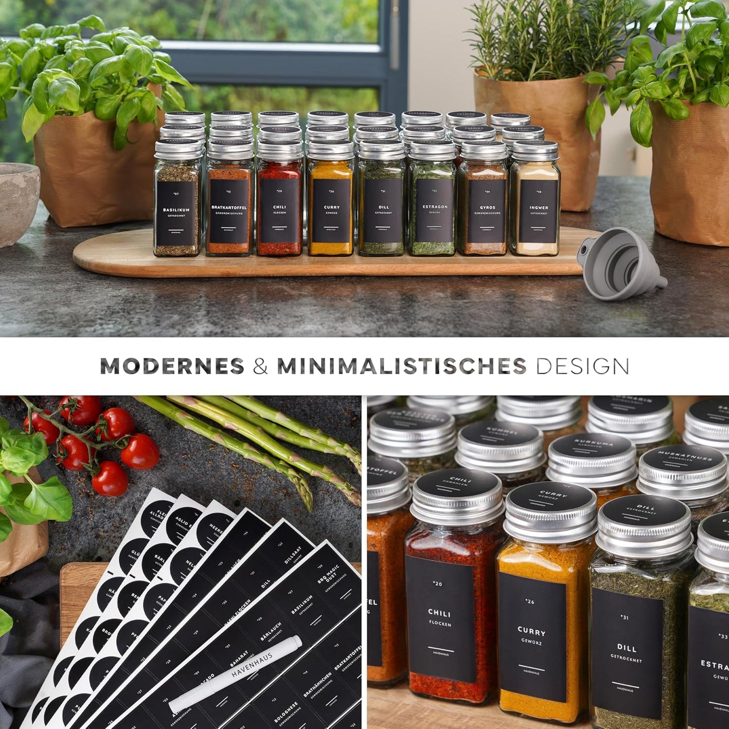 24er-Pack Gewürzgläser Set inkl. Zubehörset, 24 Gewürzgläser Aluminium