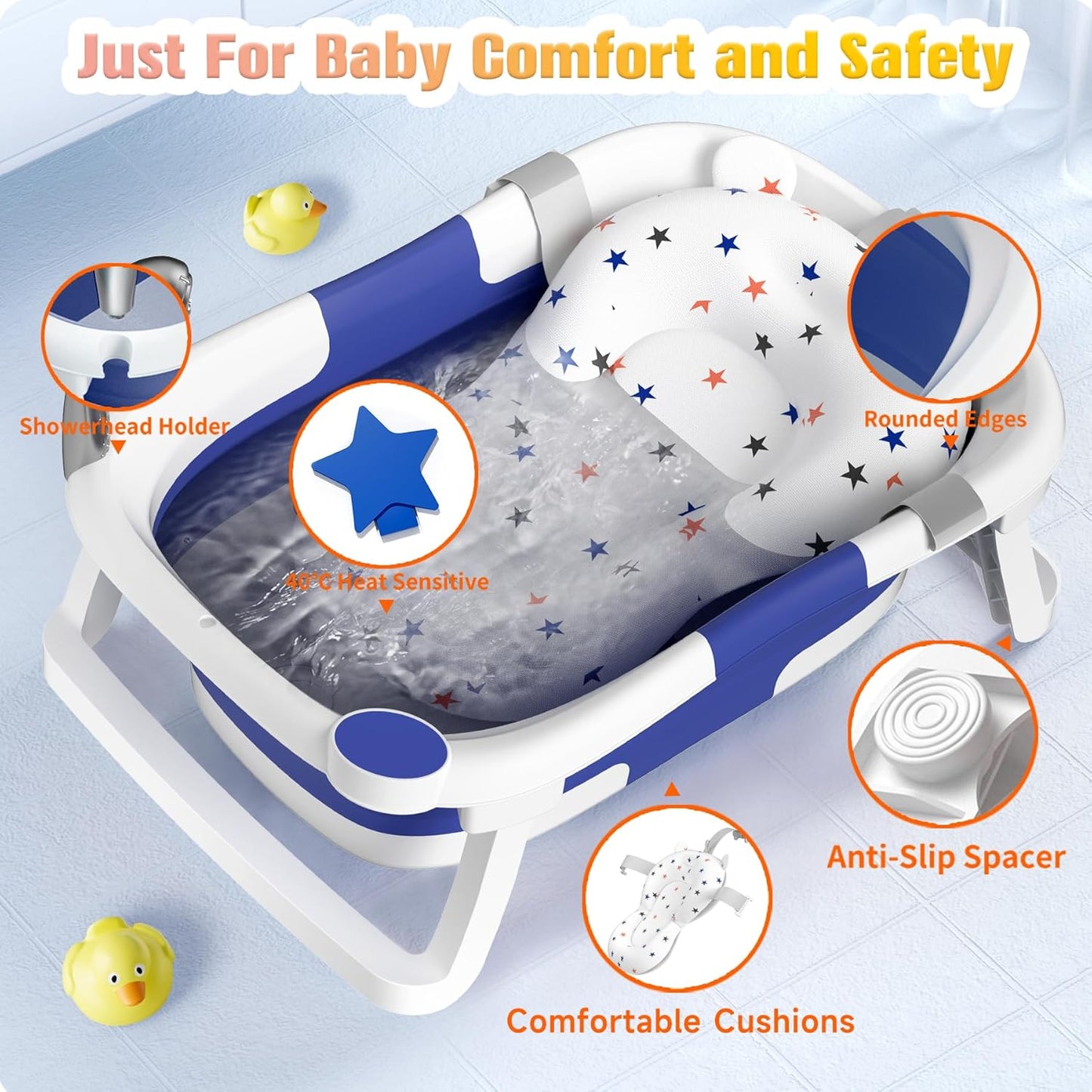 Faltbare Babybadewanne mit Rutschschutz und Abflussloch, Blau