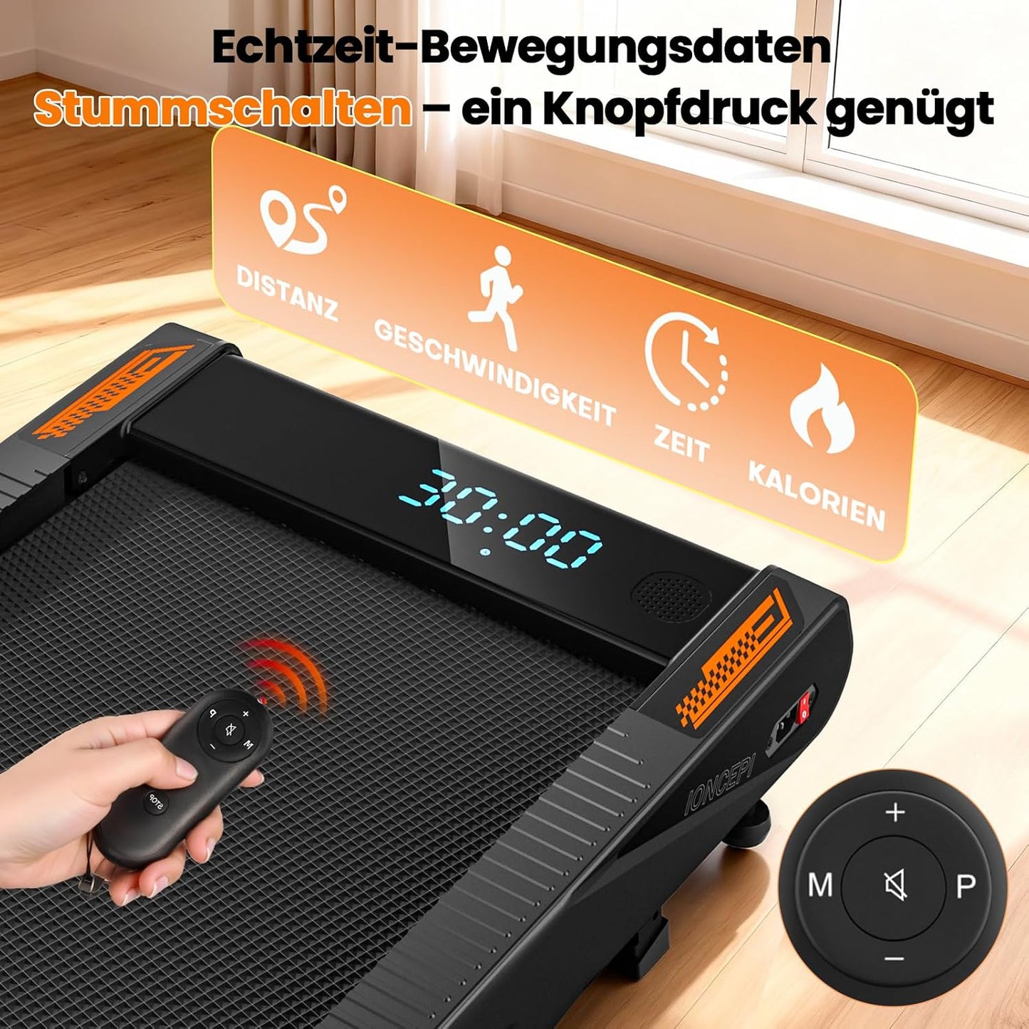 Walking Pad Laufband 10km/h mit Bluetooth Speaker, Schwarz-Dunkelorange