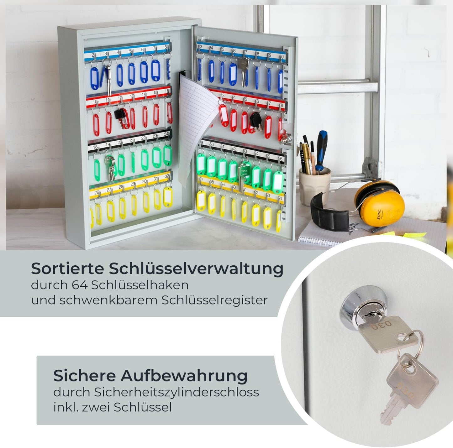 Abschliessbarer Schlüsselschrank mit 64 Haken, Lichtgrau 64 Haken