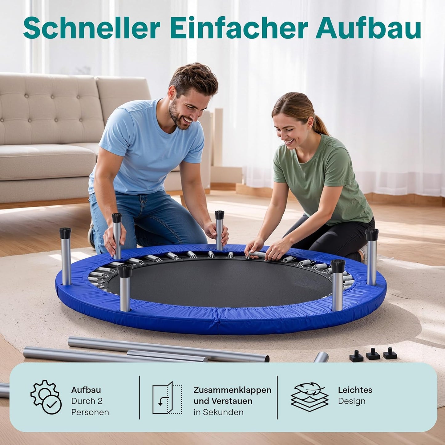 Fitness Trampolin Indoor, faltbar mit Griff, Tiefblau - 102 cm