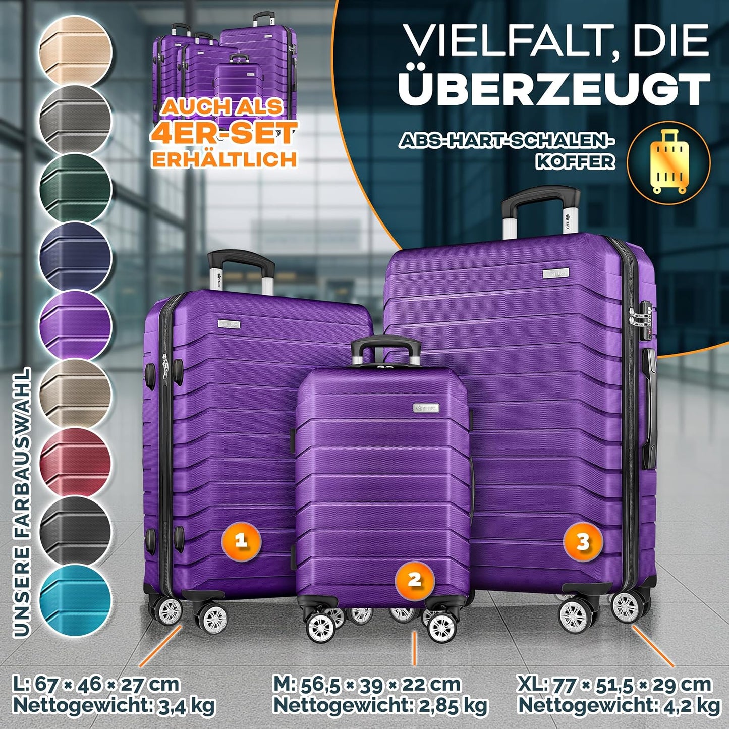 Reisekoffer-Set mit Gepäckwaage (3-teilig), Lila Kofferset 3tlg