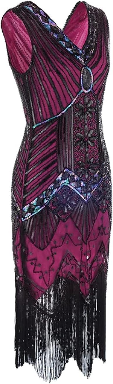Charleston Flapper Kostüm-Kleid mit Fransen, XL Pink/Schwarz/Multicolor